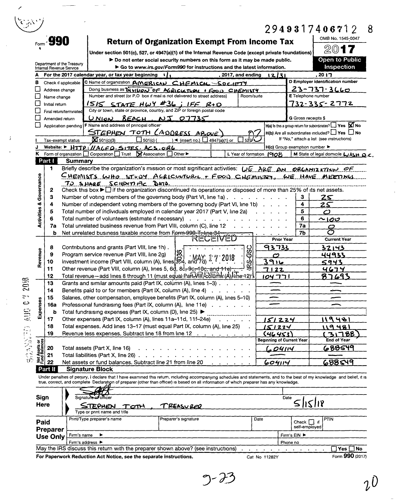 Image of first page of 2017 Form 990 for AMERICAN CHEMICAL SOCIETY - Agriculture & Food Chemistry Divisi