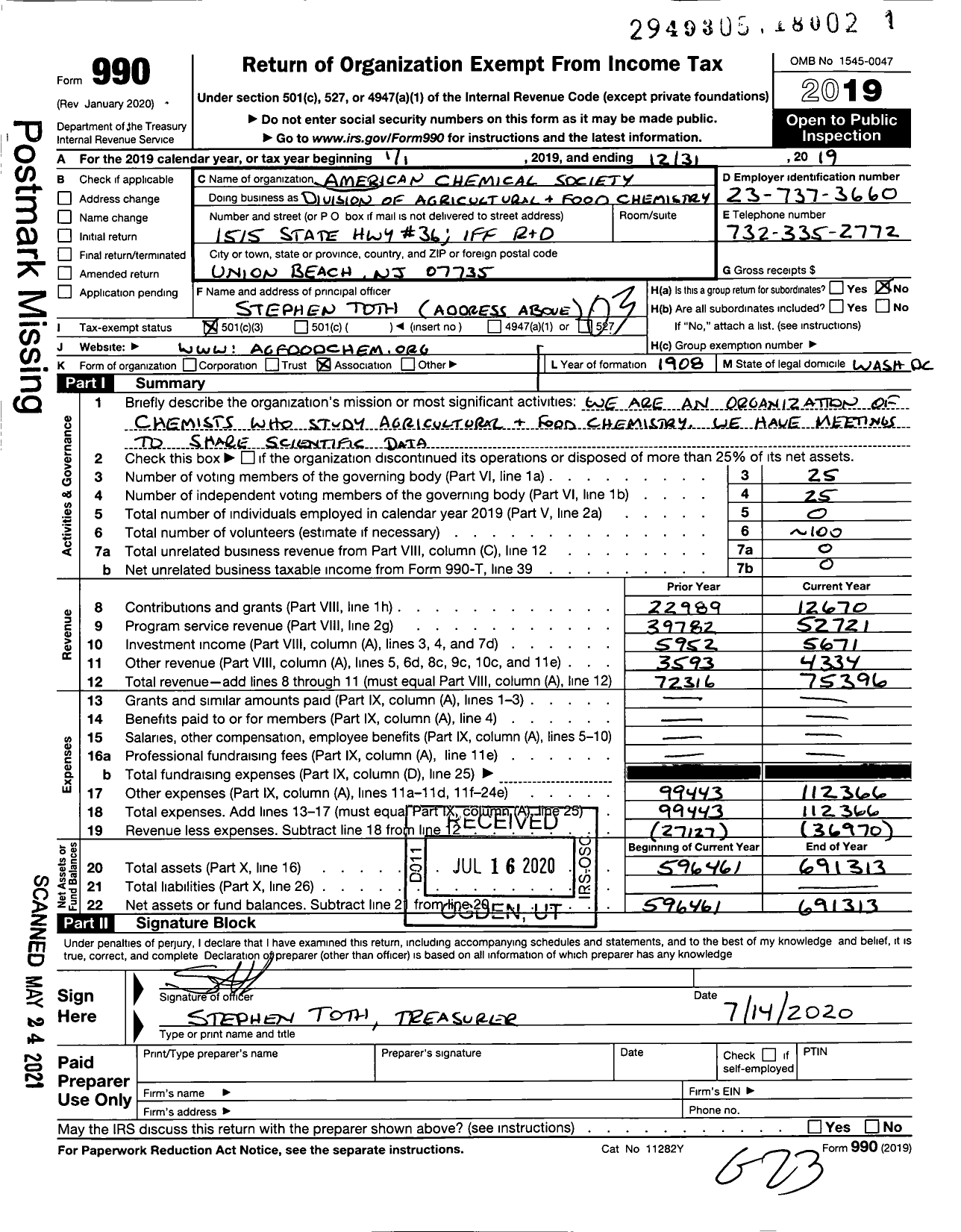 Image of first page of 2019 Form 990 for AMERICAN CHEMICAL SOCIETY - Agriculture & Food Chemistry Divisi