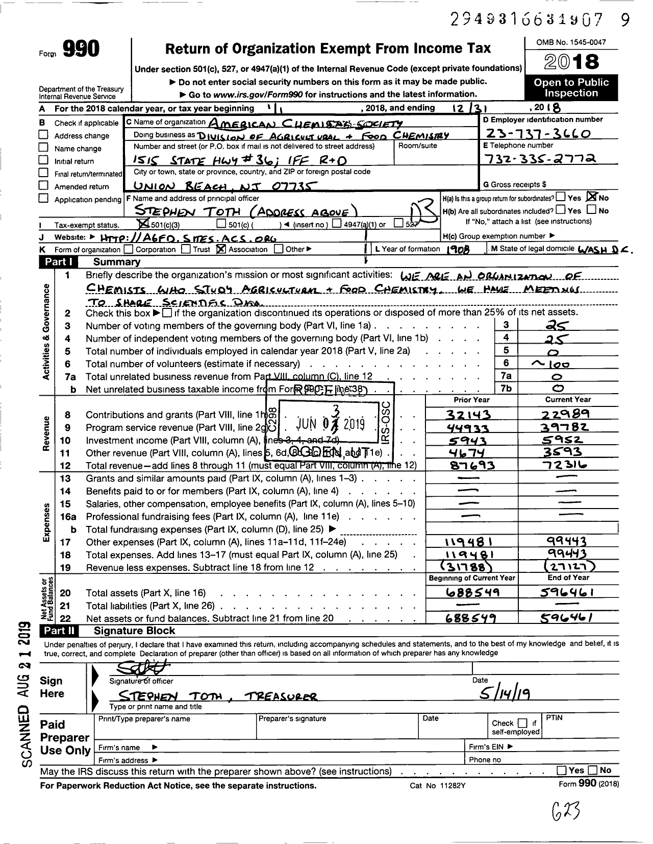 Image of first page of 2018 Form 990 for AMERICAN CHEMICAL SOCIETY - Agriculture & Food Chemistry Divisi