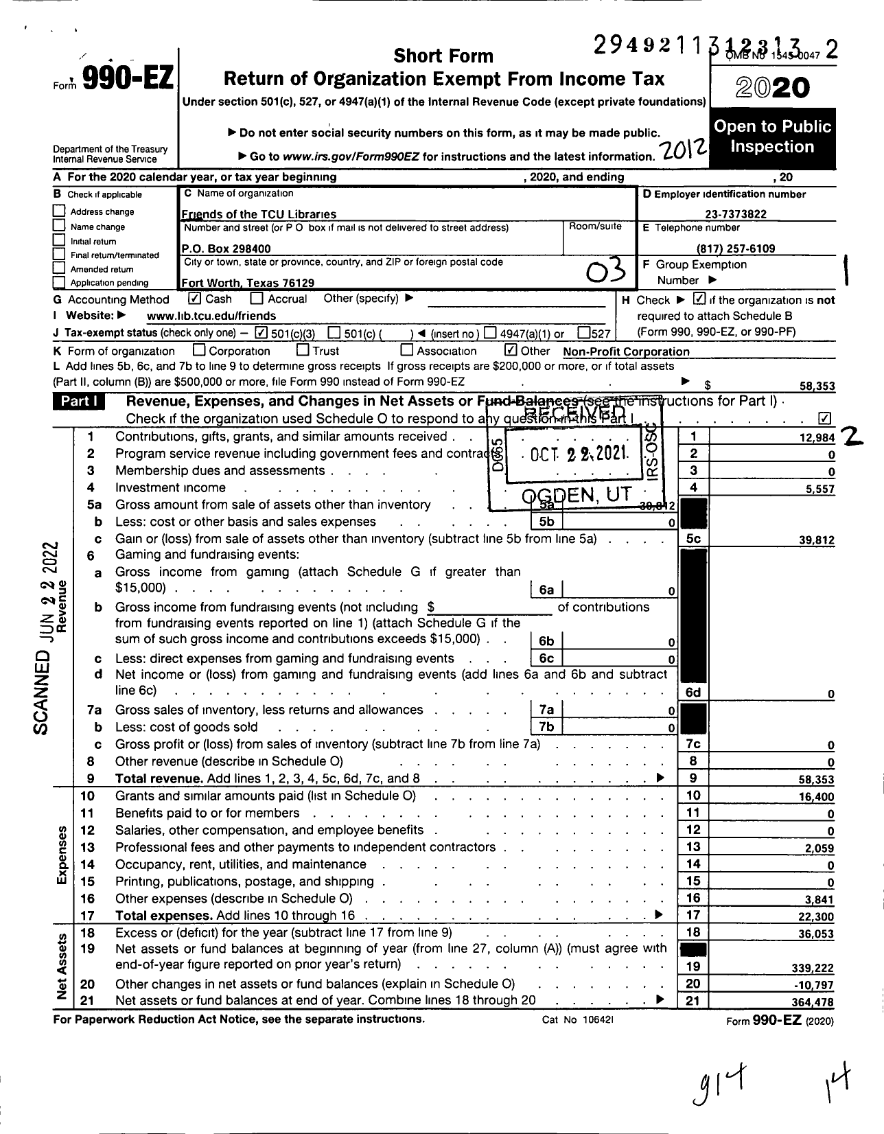 Image of first page of 2020 Form 990EZ for Friends of the Tcu Libraries