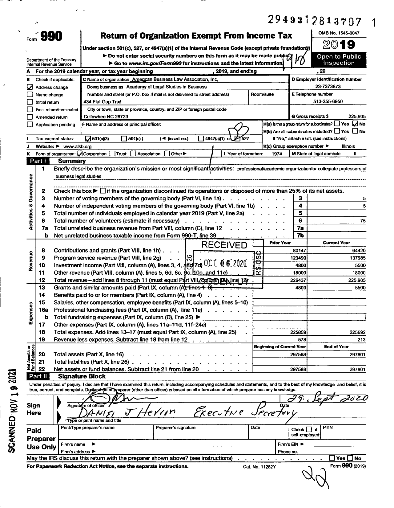 Image of first page of 2019 Form 990 for Academy of Legal Studies in Business