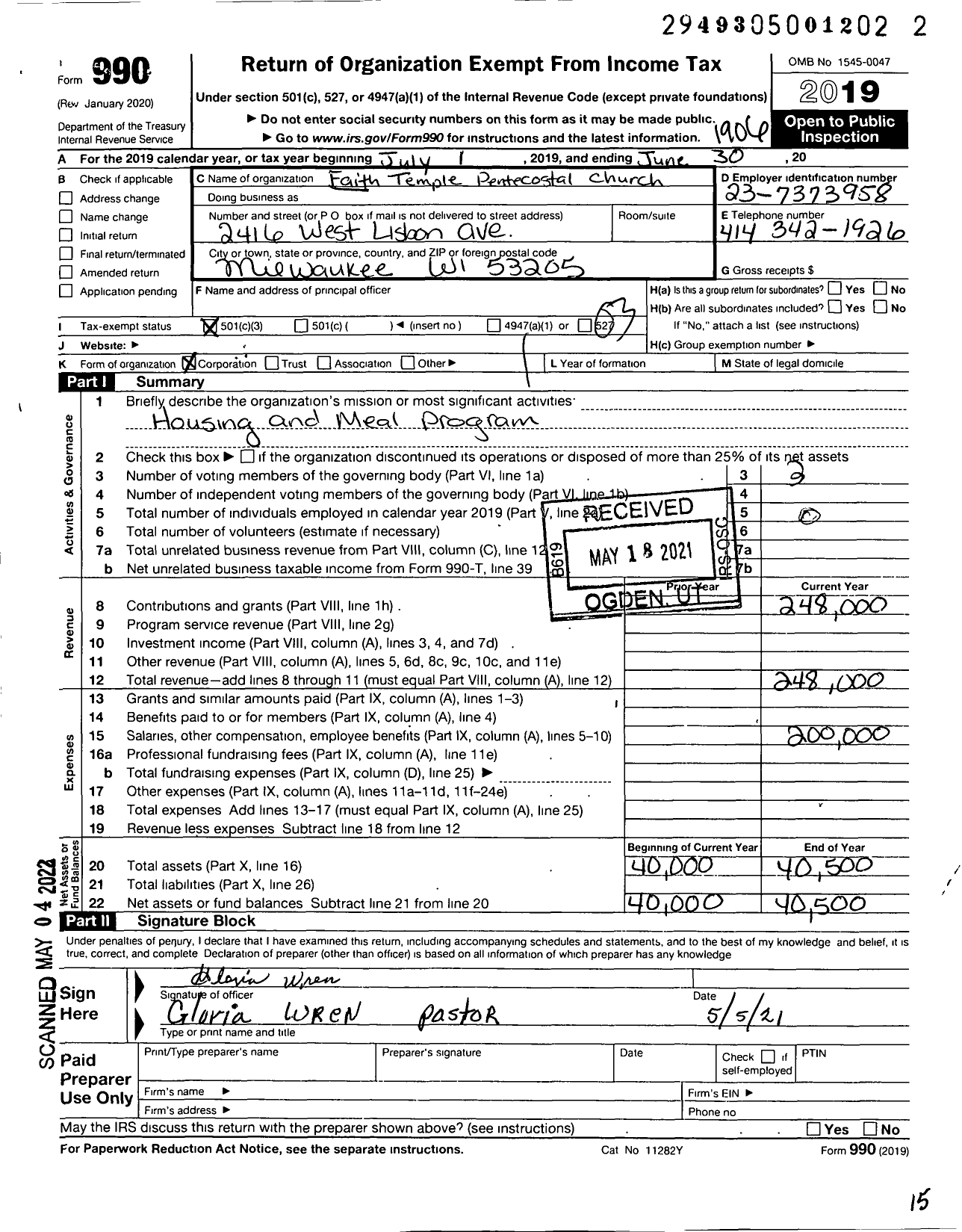 Image of first page of 2018 Form 990 for Faith Temple Pentecostal Church