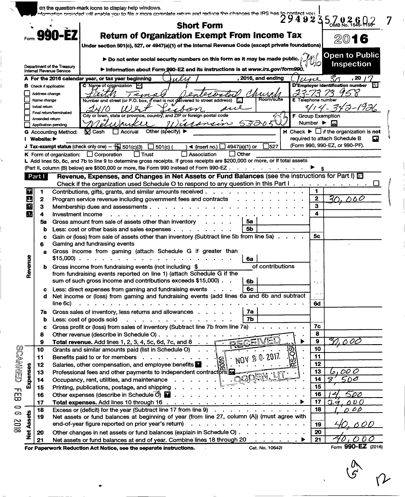 Image of first page of 2016 Form 990EZ for Faith Temple Pentecostal Church