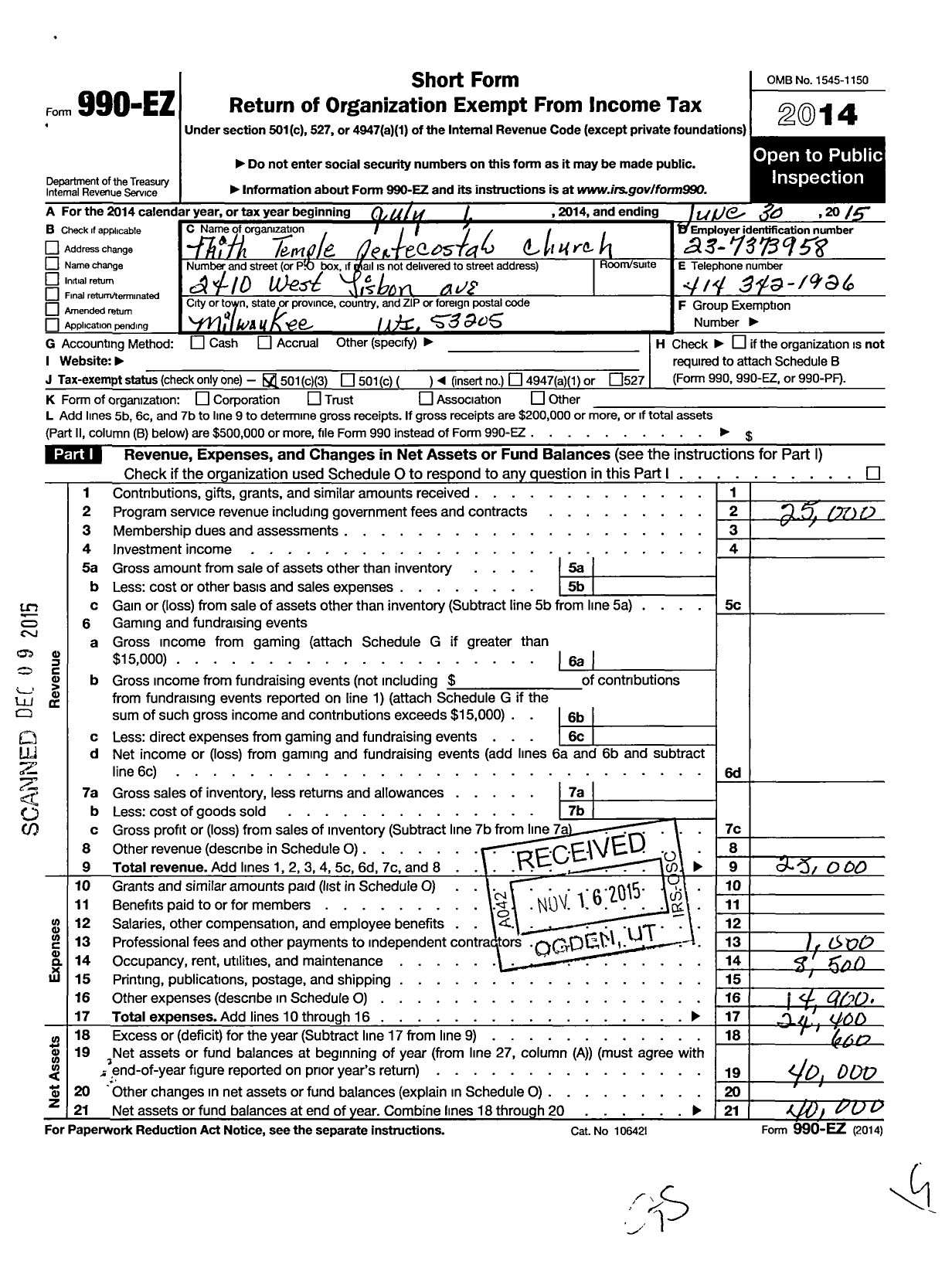 Image of first page of 2014 Form 990EZ for Faith Temple Pentecostal Church