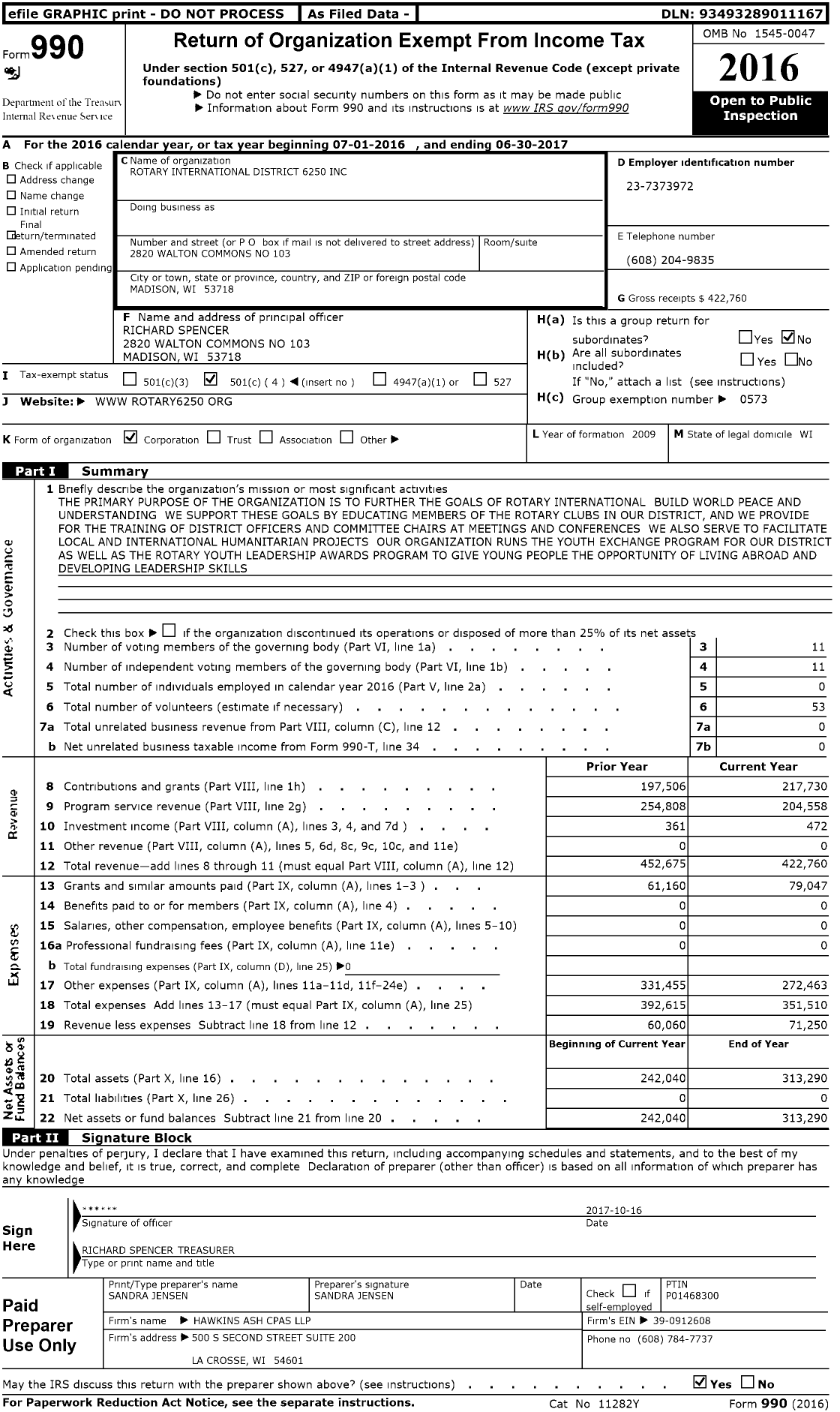 Image of first page of 2016 Form 990O for Rotary International District 6250