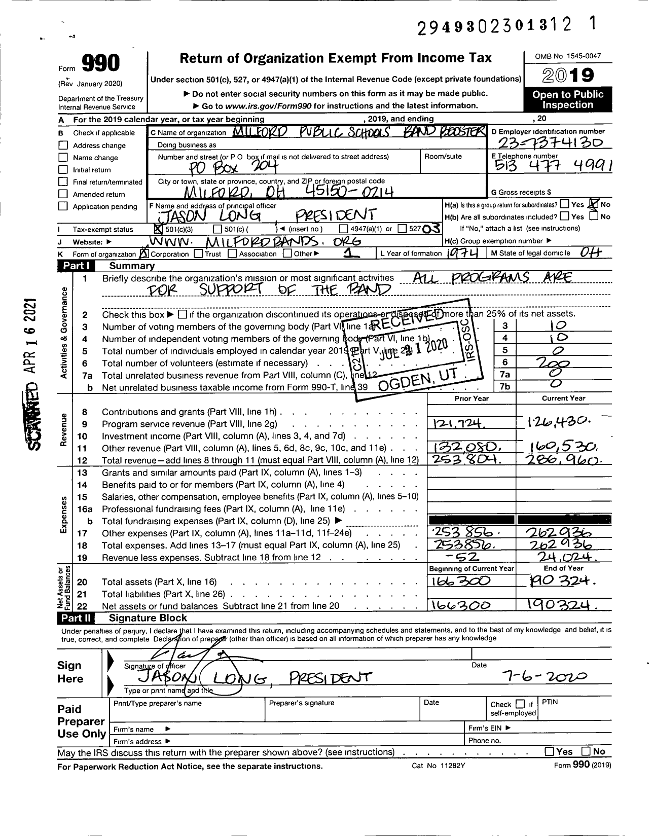 Image of first page of 2019 Form 990 for Milford Public School Band Boosters