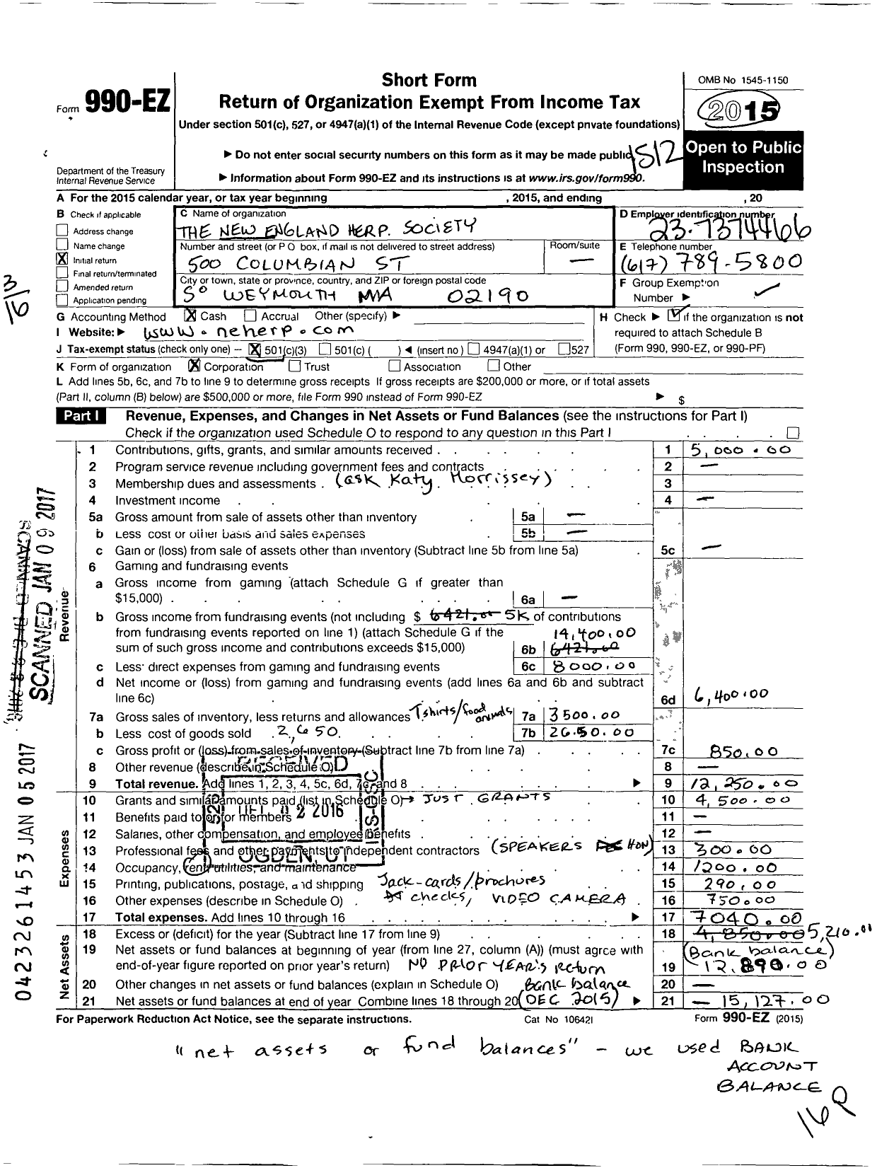 Image of first page of 2015 Form 990EZ for New England Herpetological Society