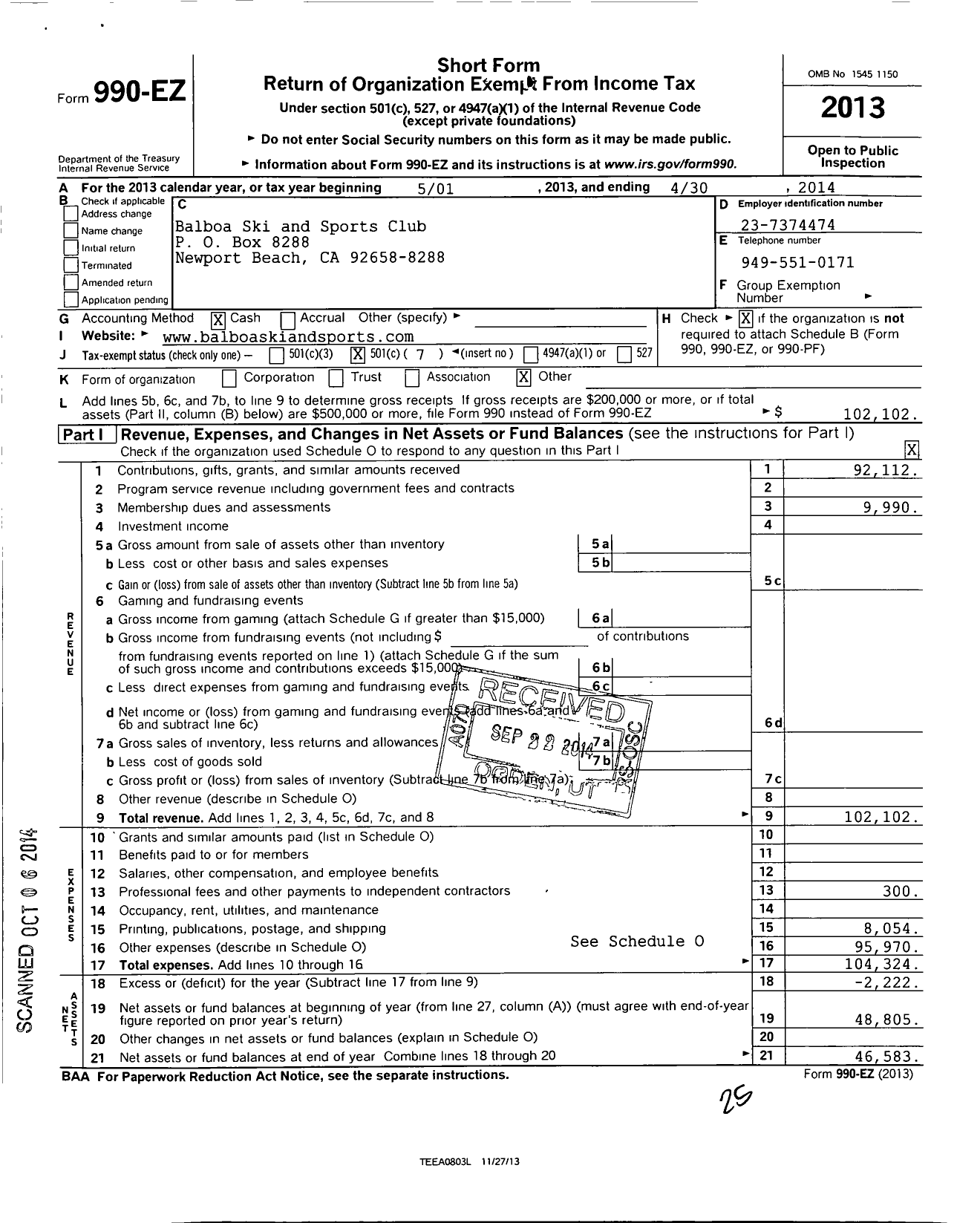 Image of first page of 2013 Form 990EO for Balboa Ski and Sports Club