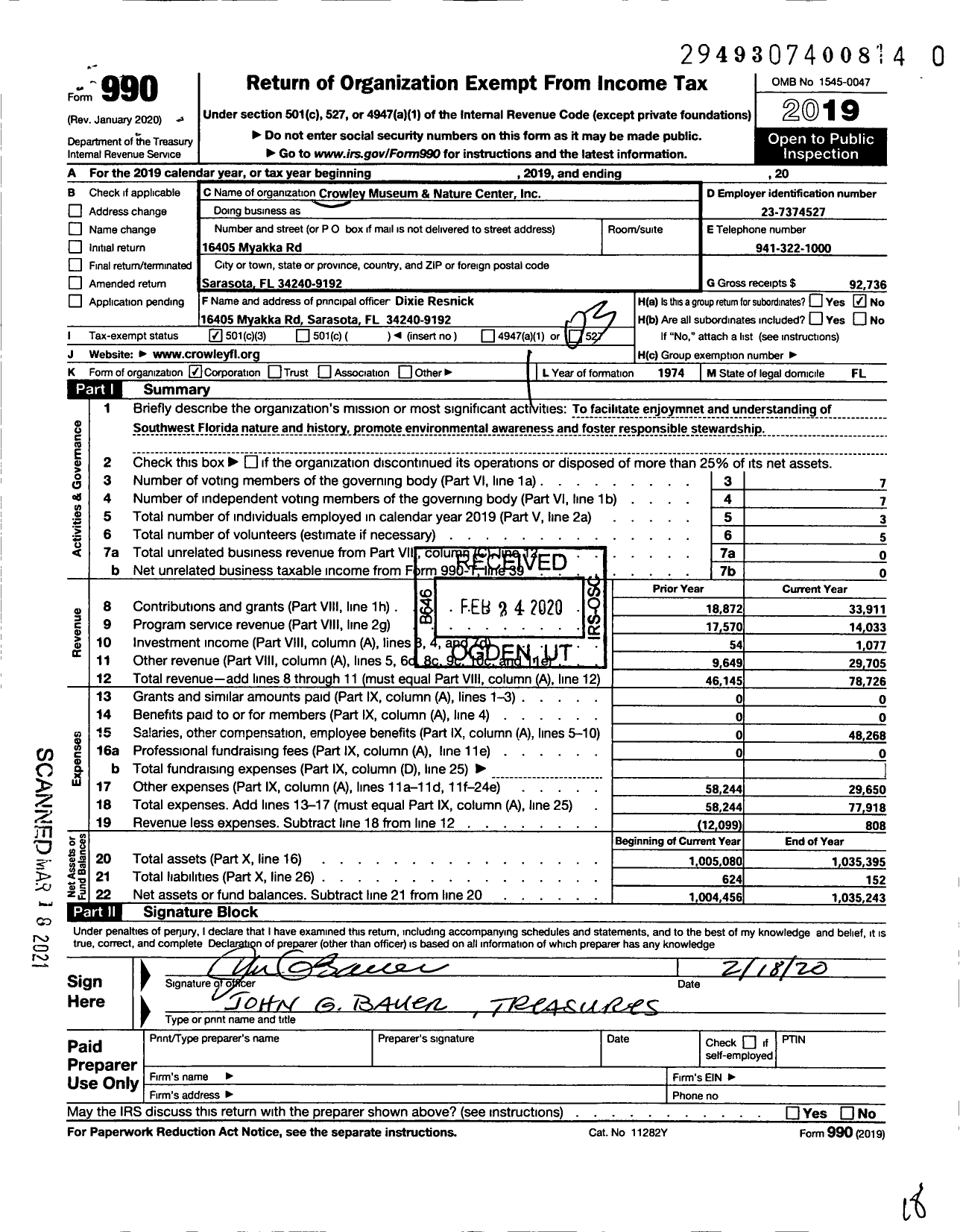 Image of first page of 2019 Form 990 for Crowley Museum and Nature Center