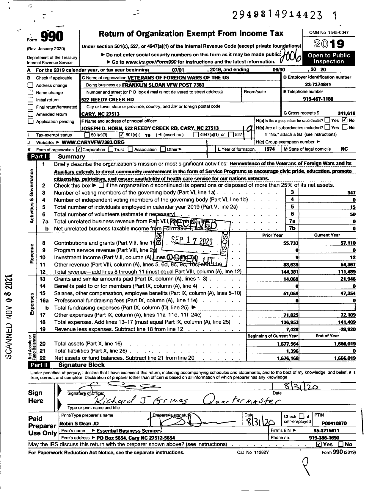 Image of first page of 2019 Form 990O for Franklin Sloan VFW Post 7383