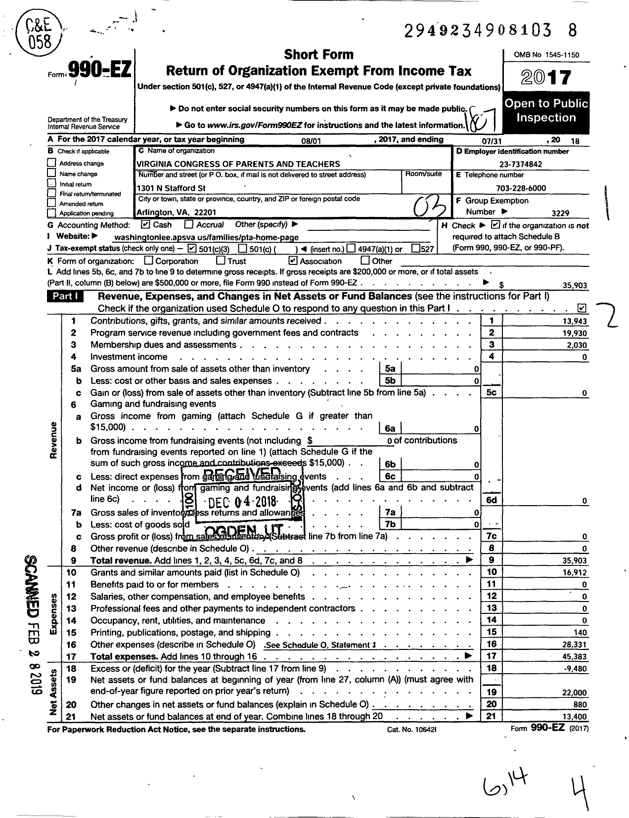 Image of first page of 2017 Form 990EZ for VIRGINIA PTA - Washington-Liberty High School PTA