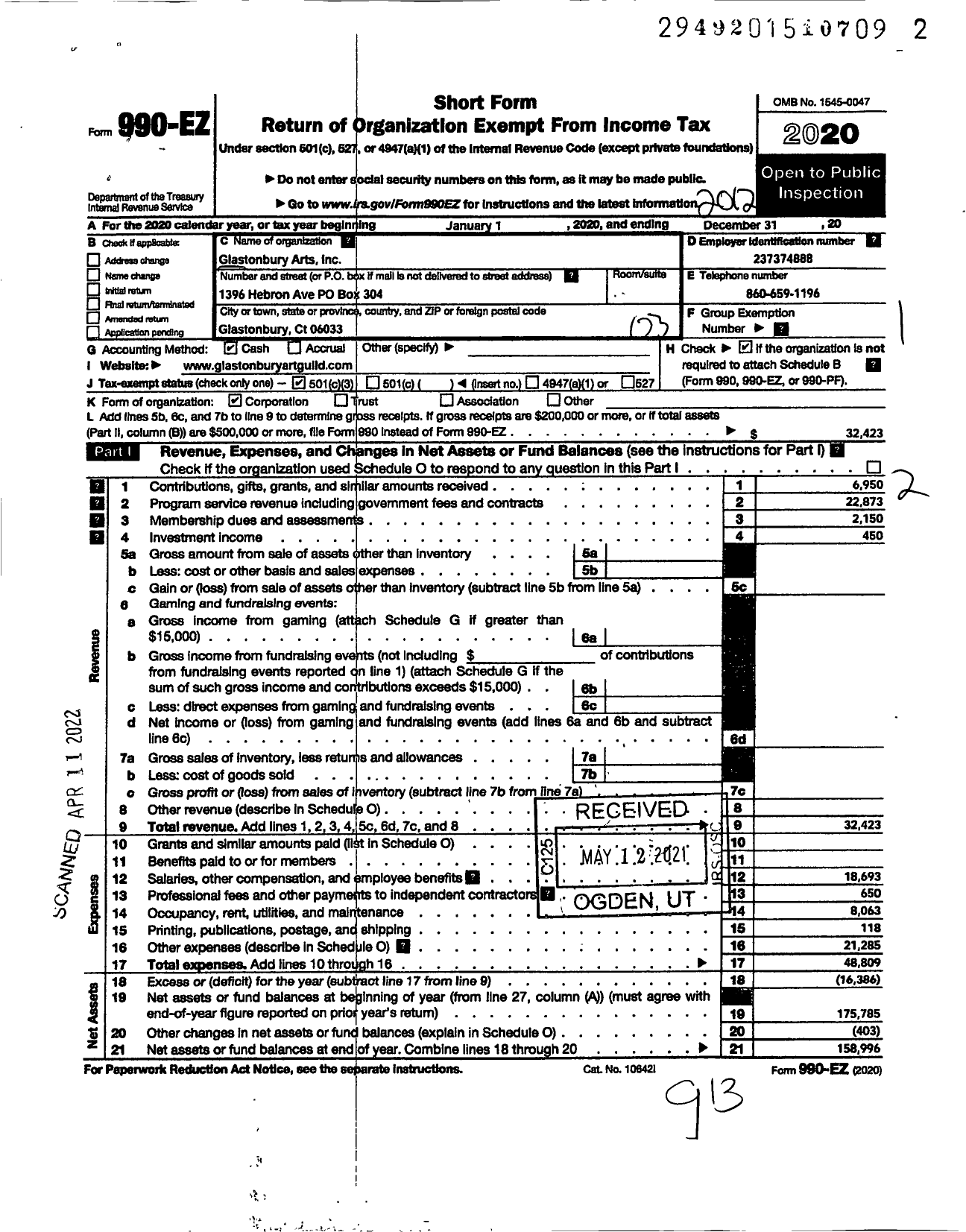 Image of first page of 2020 Form 990EZ for Glastonbury Arts