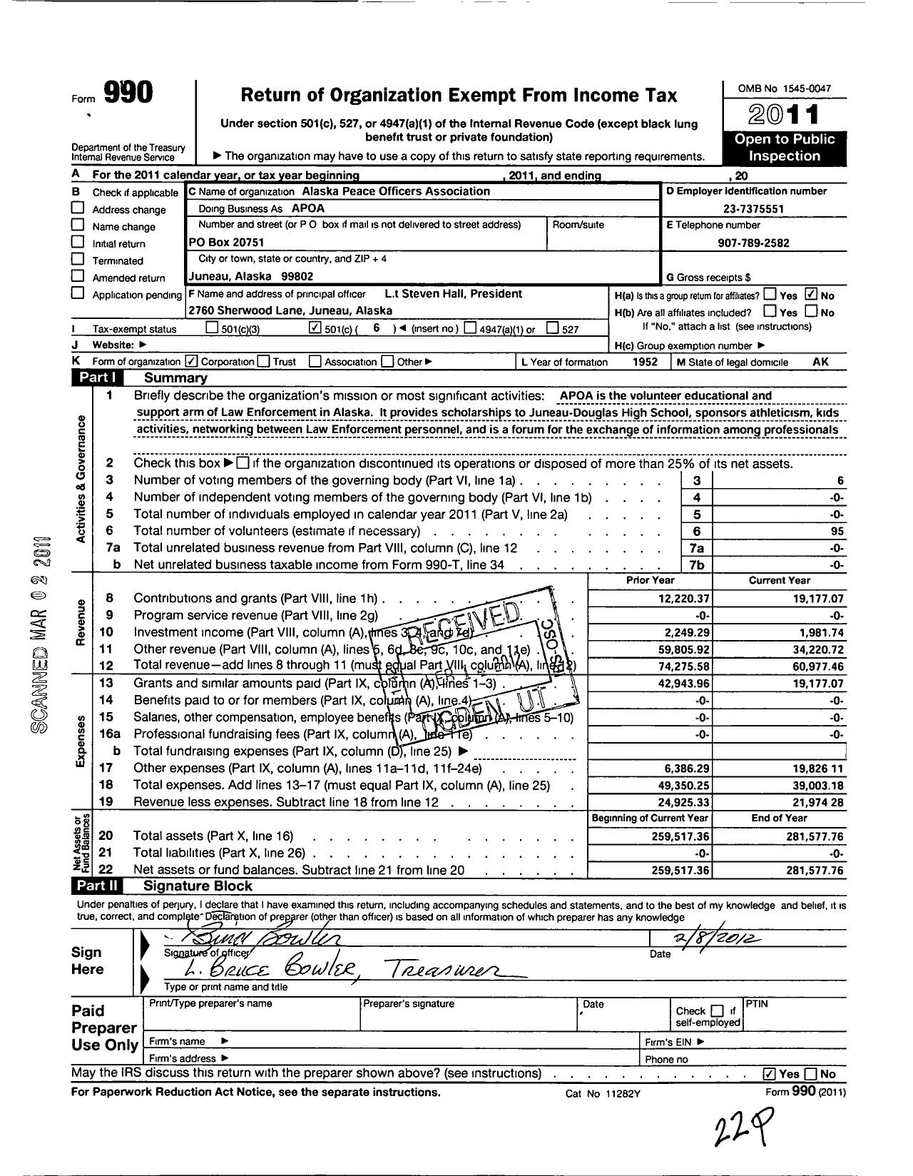 Image of first page of 2011 Form 990O for Alaska Peace Officers Association / Apoa (APOA)