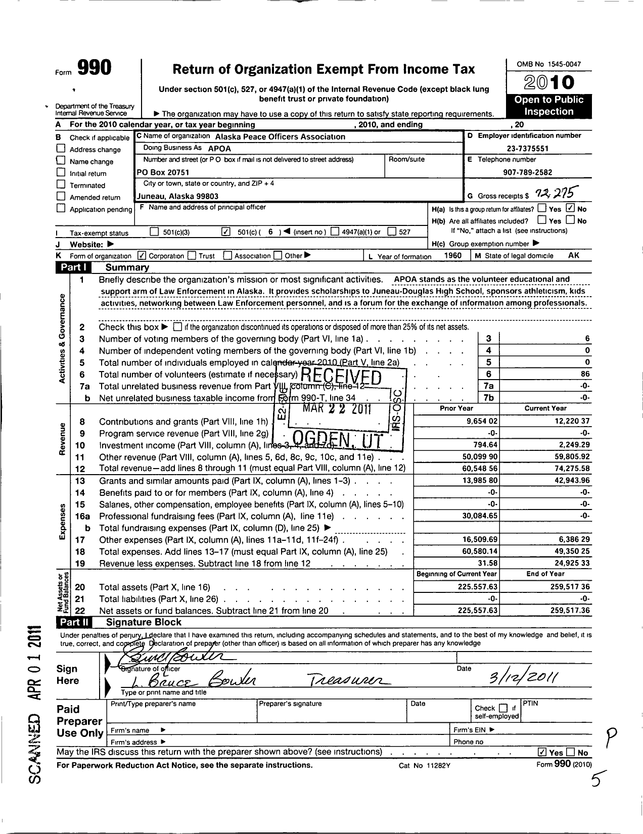 Image of first page of 2010 Form 990O for Alaska Peace Officers Association / Apoa (APOA)