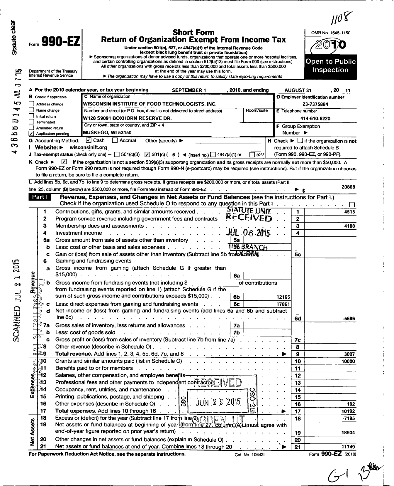 Image of first page of 2010 Form 990EO for Wisconsin Section of the Institute of Food Technologists