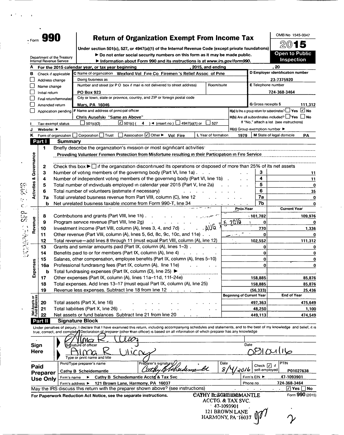 Image of first page of 2015 Form 990O for Wexford Volunteer Fire Company Firemen's Relief Association of Pine