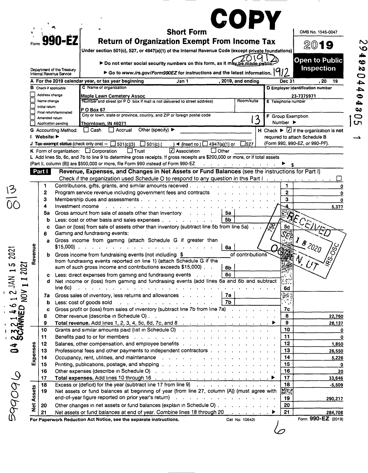 Image of first page of 2019 Form 990EO for Maple Lawn Cemetery Association of Thorntown Indiana