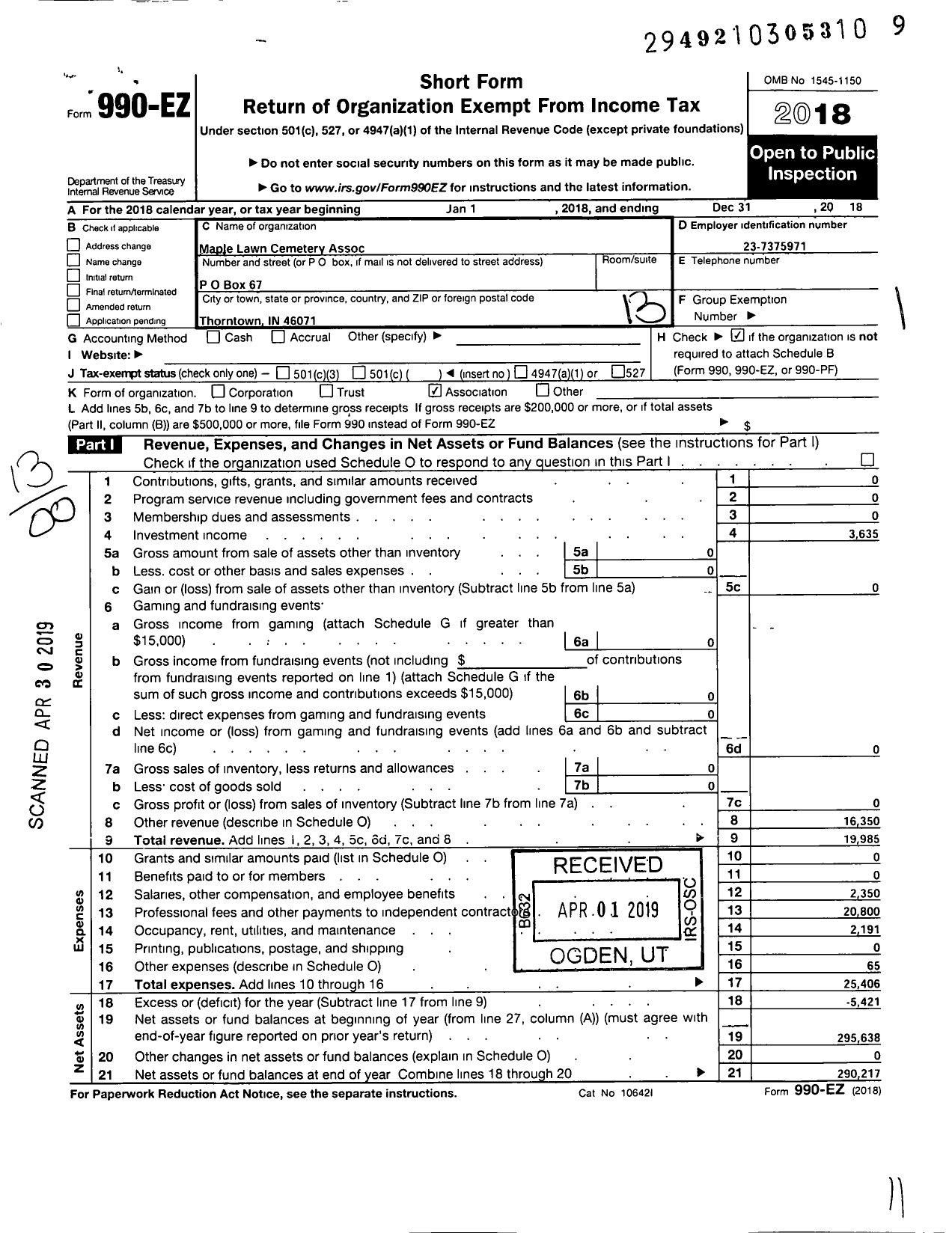 Image of first page of 2018 Form 990EO for Maple Lawn Cemetery Association of Thorntown Indiana