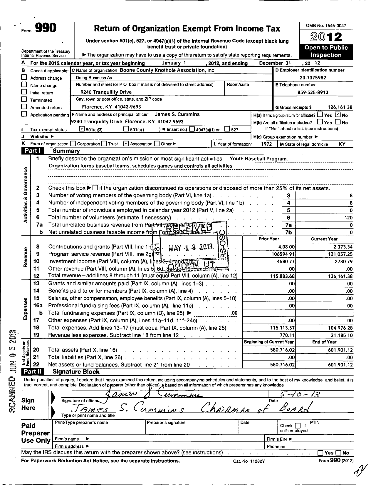 Image of first page of 2012 Form 990 for Boone County Knothole Association