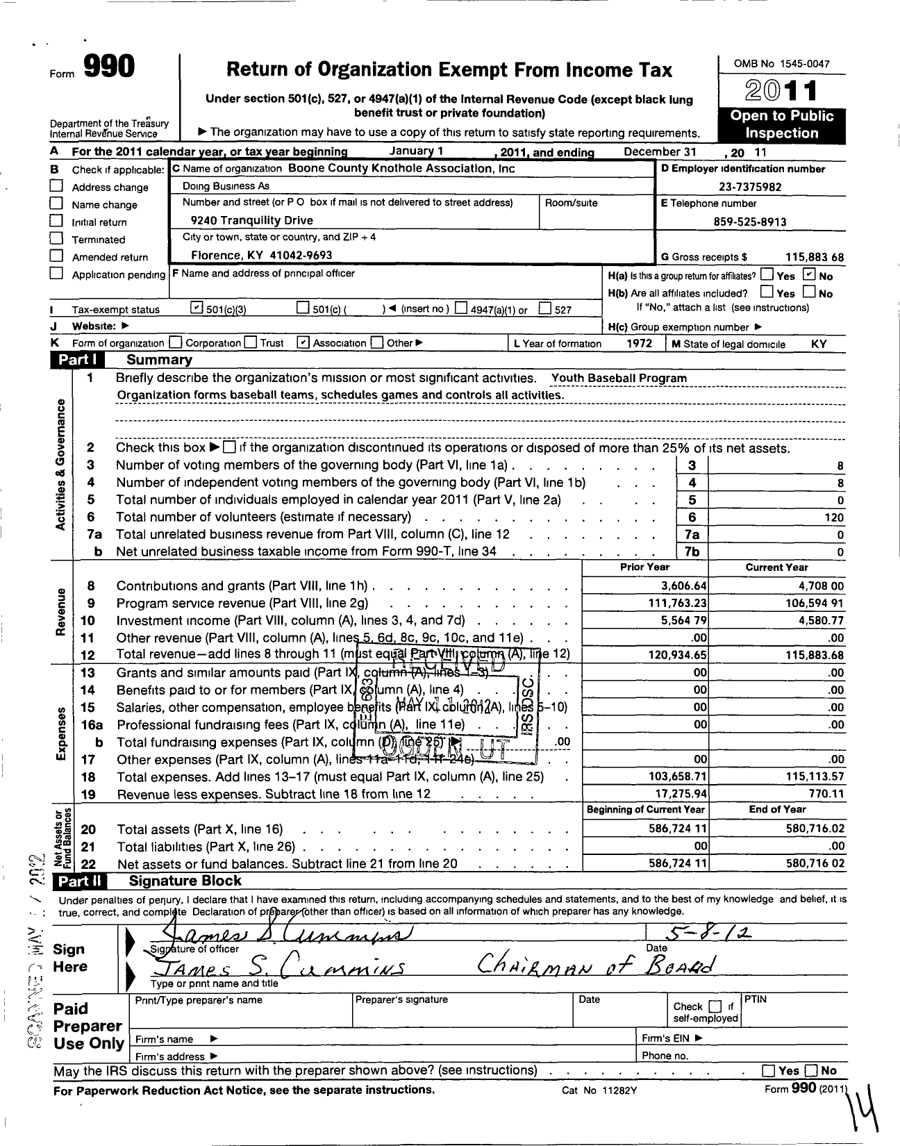 Image of first page of 2011 Form 990 for Boone County Knothole Association