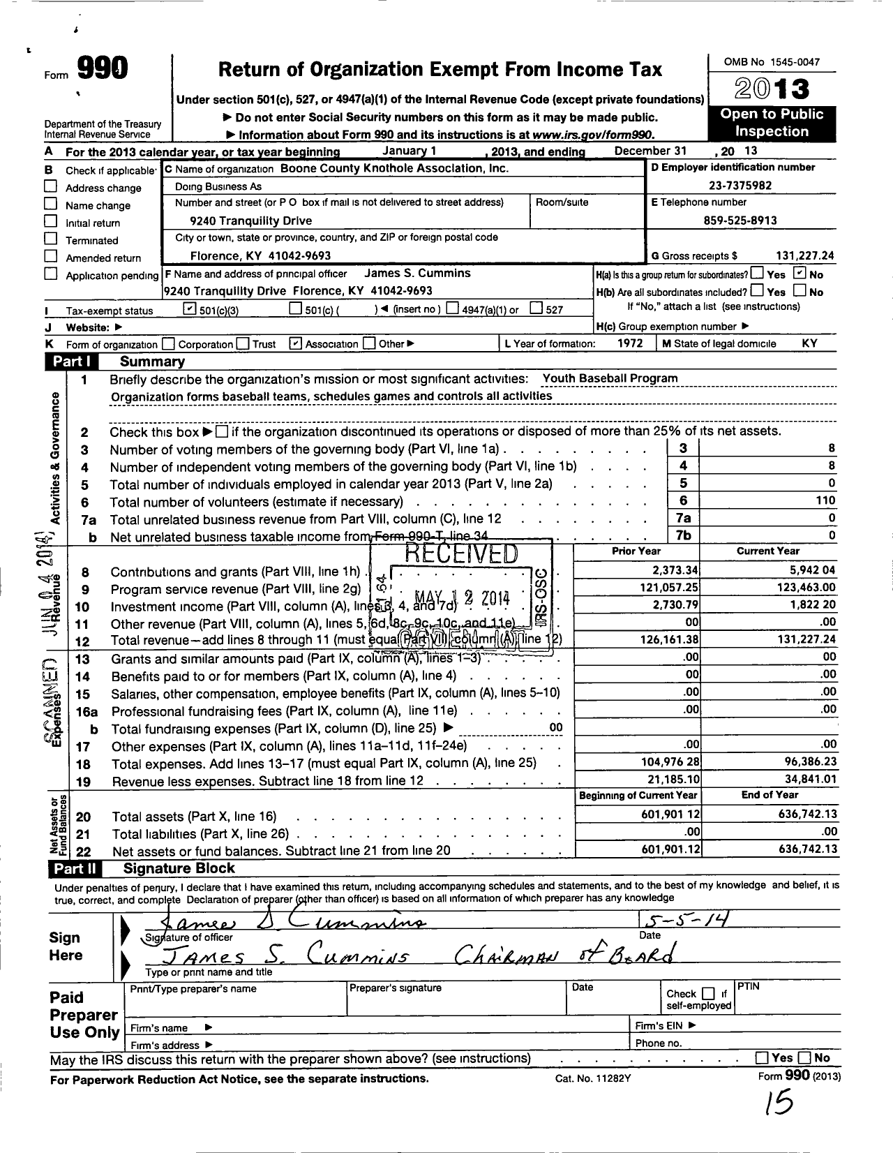 Image of first page of 2013 Form 990 for Boone County Knothole Association