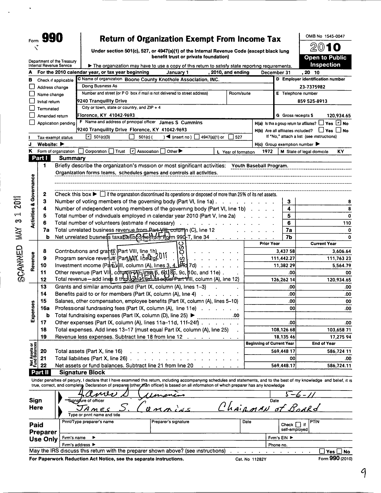 Image of first page of 2010 Form 990 for Boone County Knothole Association