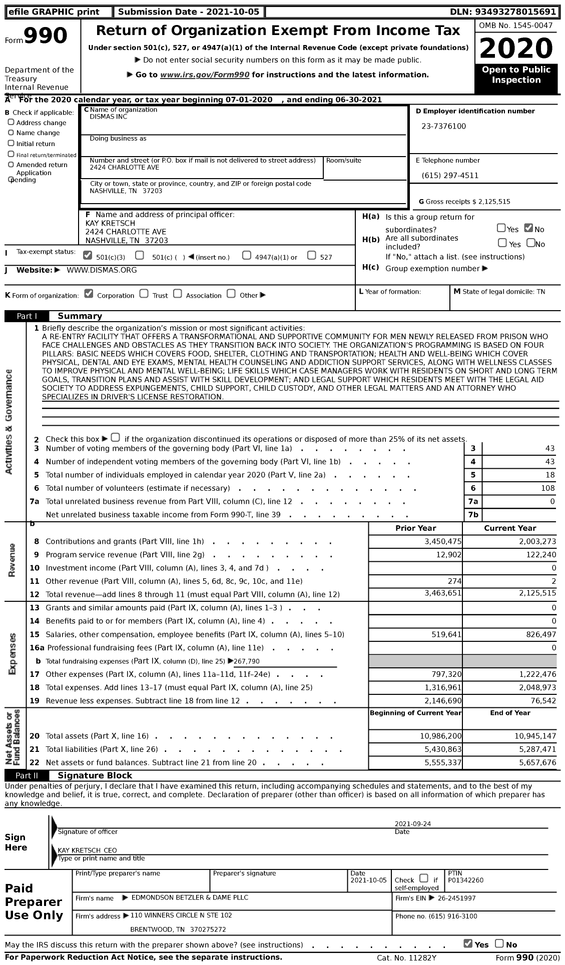 Image of first page of 2020 Form 990 for Dismas