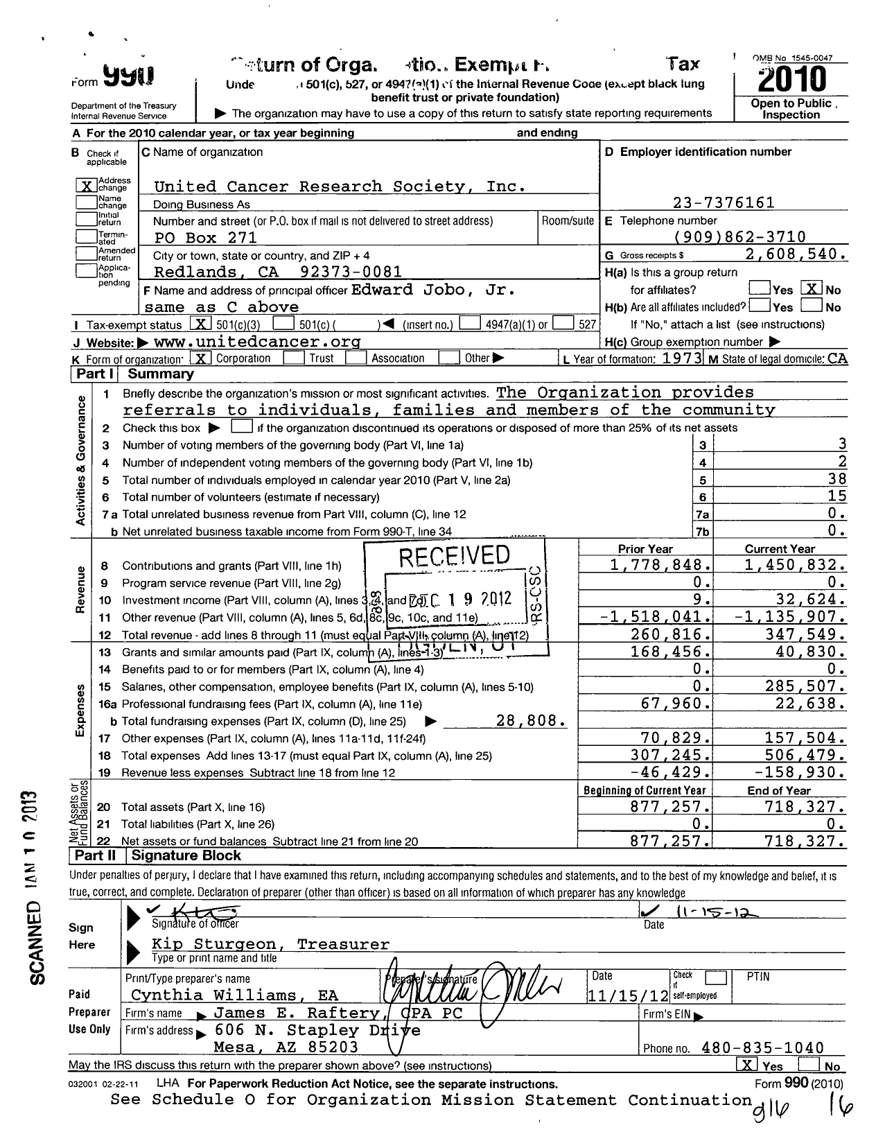 Image of first page of 2010 Form 990 for United Cancer Research Society