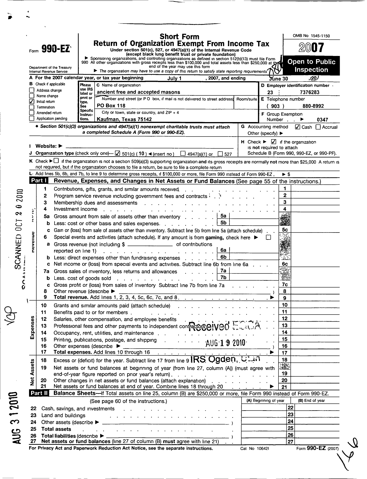 Image of first page of 2006 Form 990EO for Freemasons in Texas - 112 Bloomfield