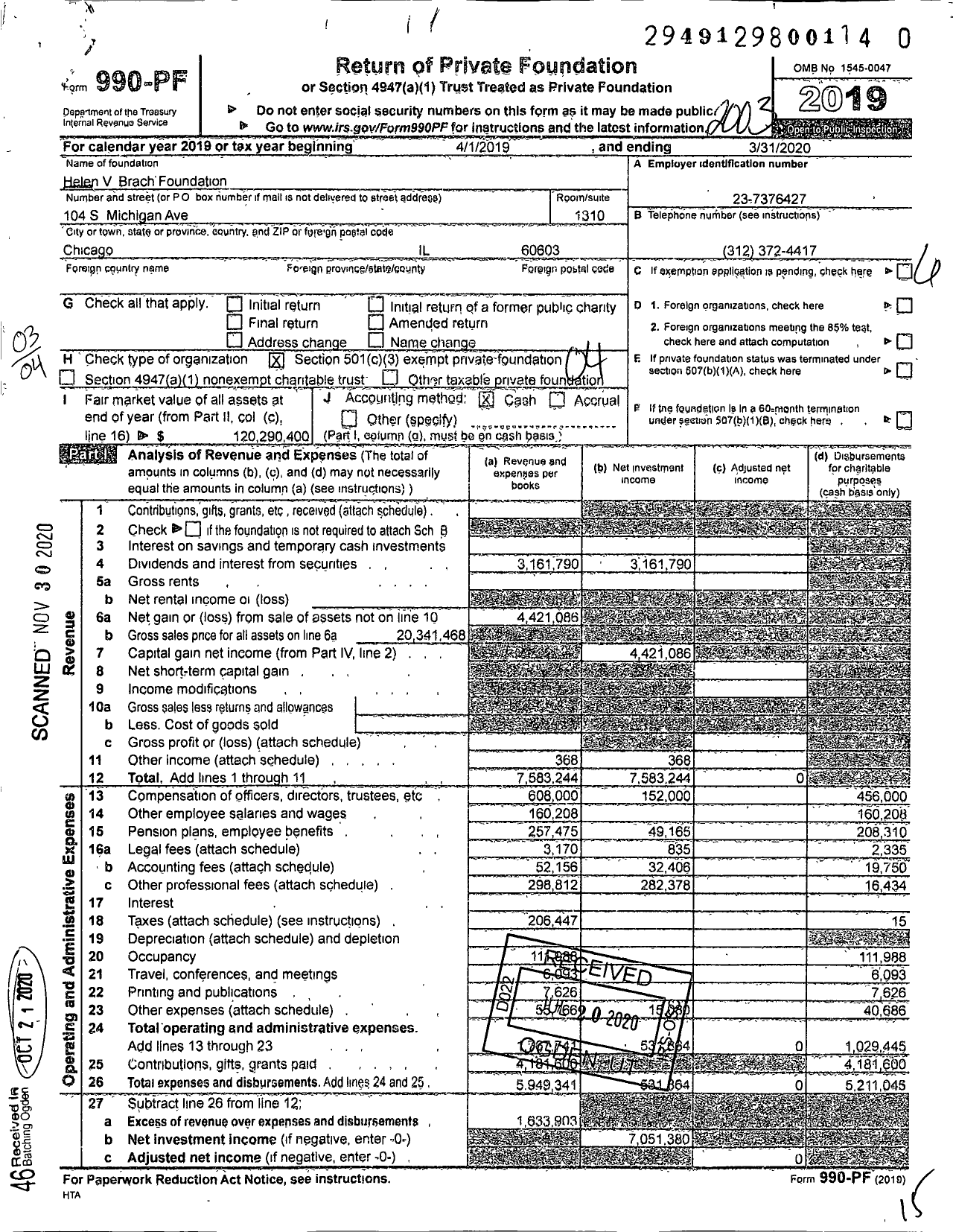 Image of first page of 2019 Form 990PF for Helen Brach Foundation