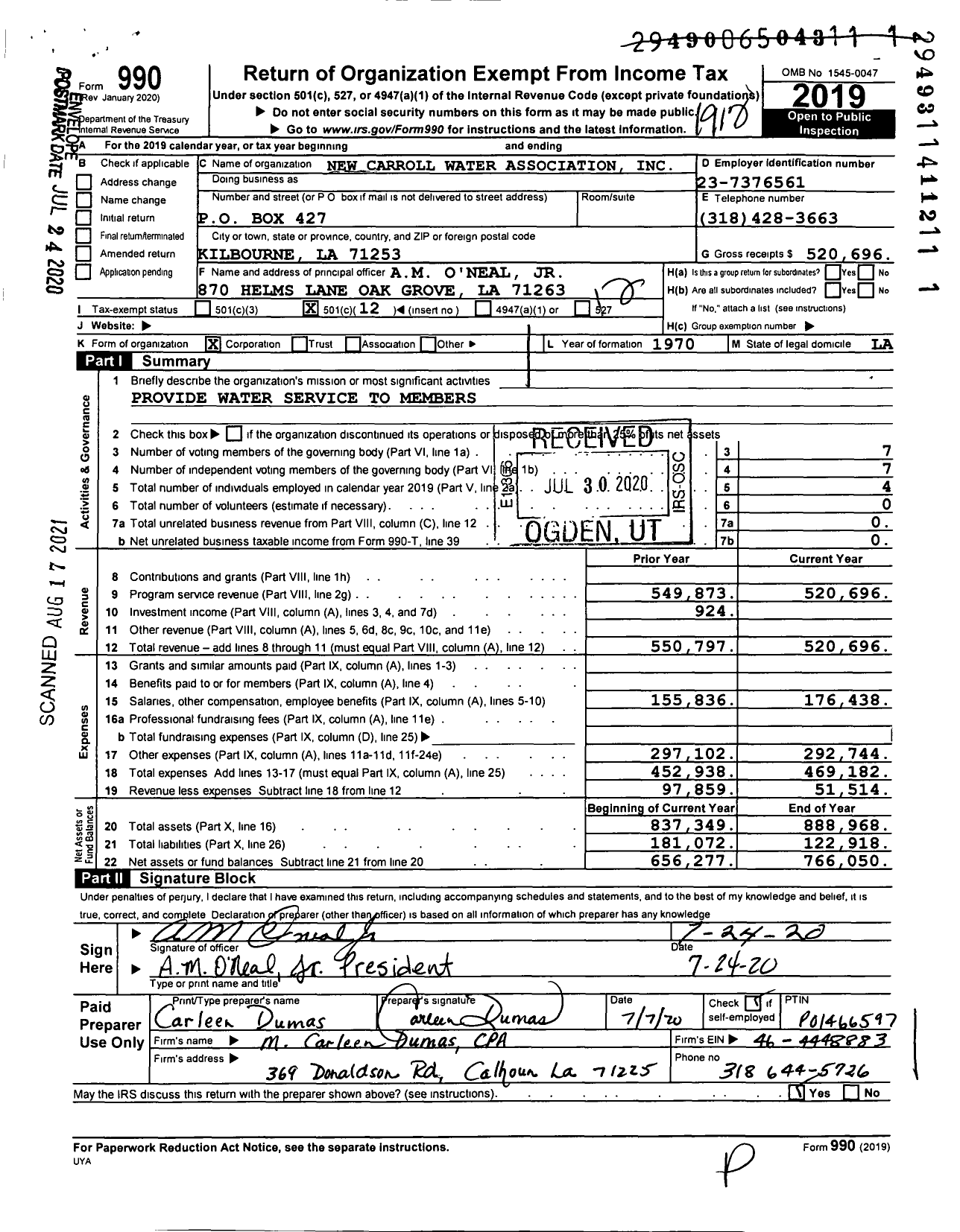 Image of first page of 2019 Form 990O for New Carroll Water Association