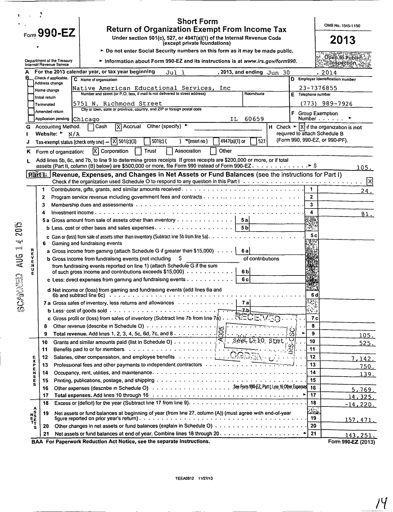 Image of first page of 2013 Form 990EZ for Native American Educational Services