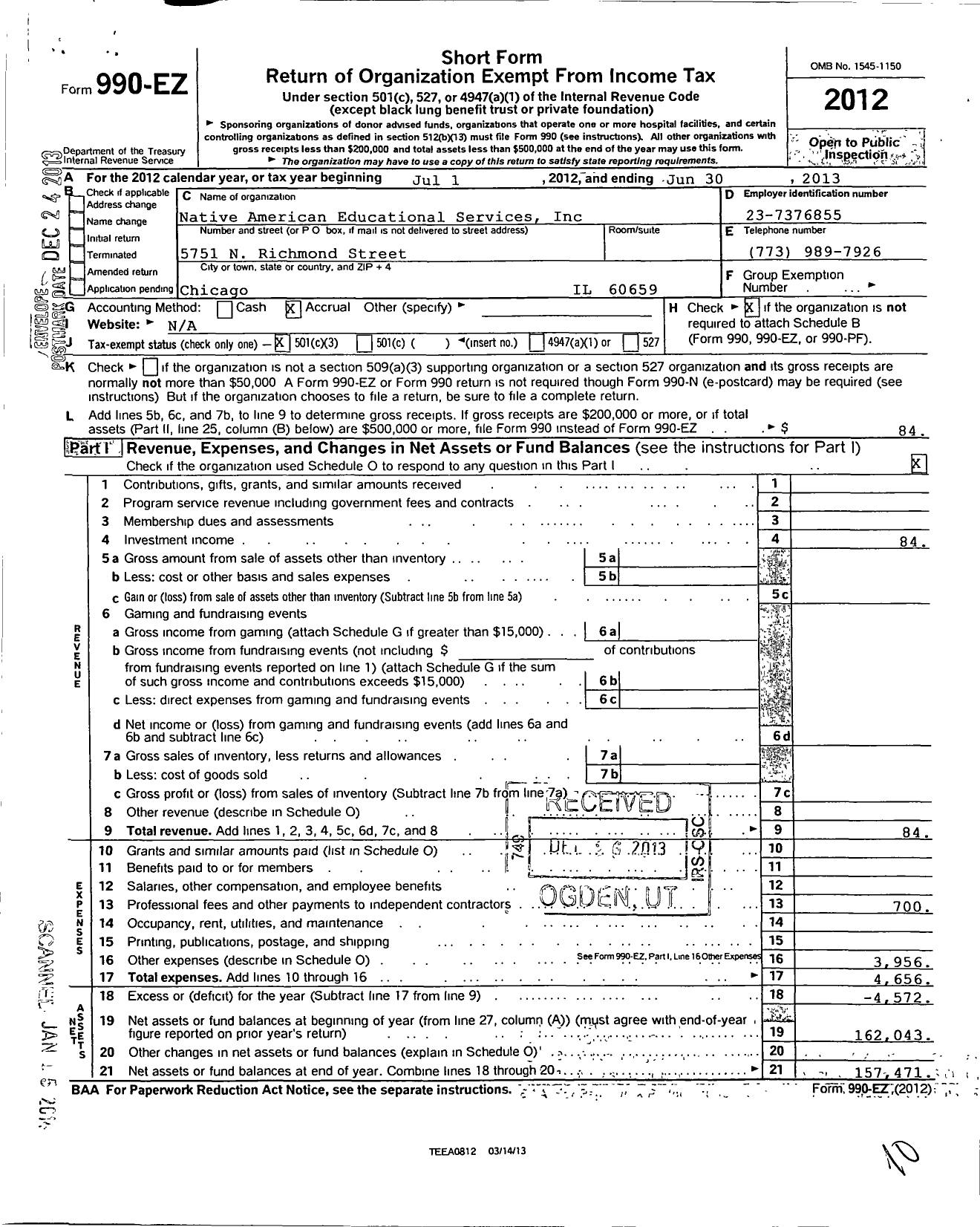 Image of first page of 2012 Form 990EZ for Native American Educational Services