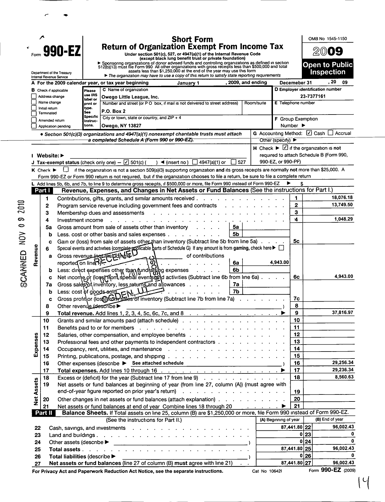 Image of first page of 2009 Form 990EO for Owego Little League