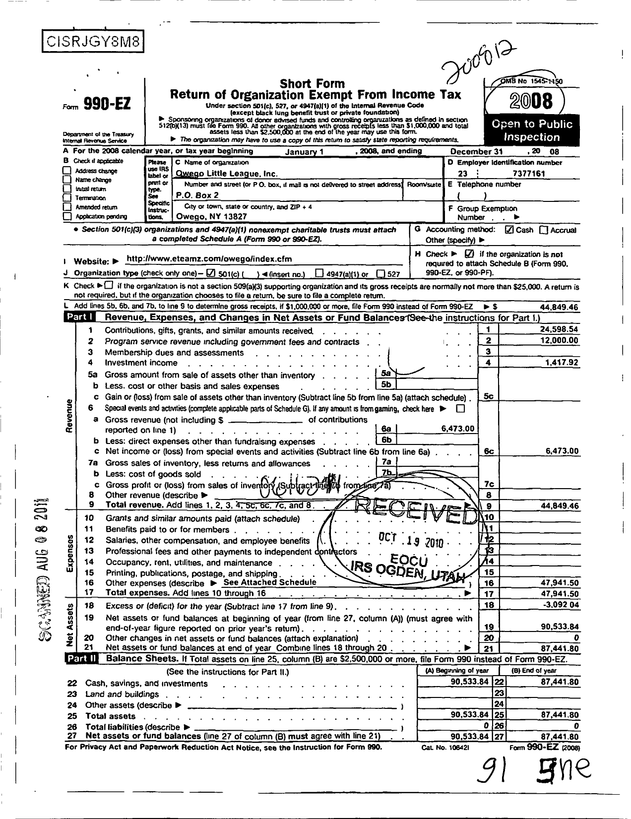 Image of first page of 2008 Form 990EO for Owego Little League