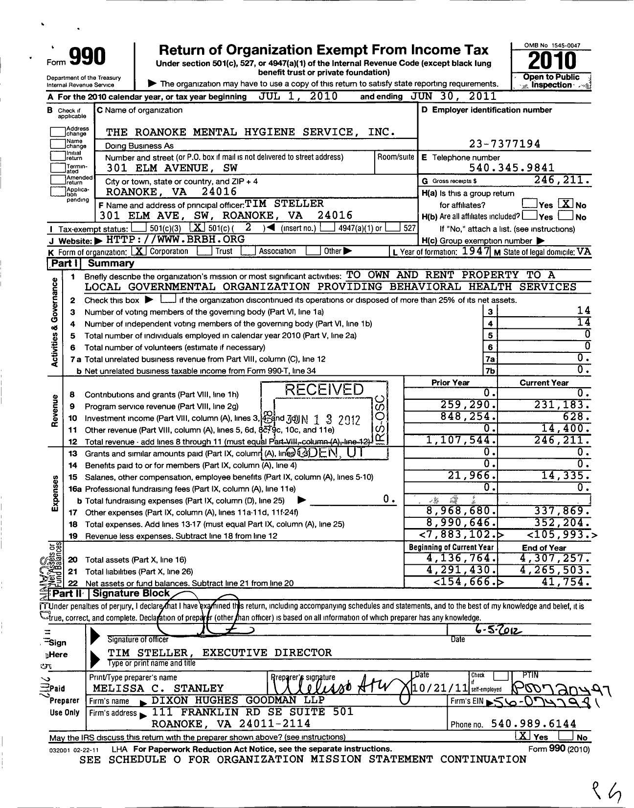 Image of first page of 2010 Form 990O for The Roanoke Mental Hygiene Service