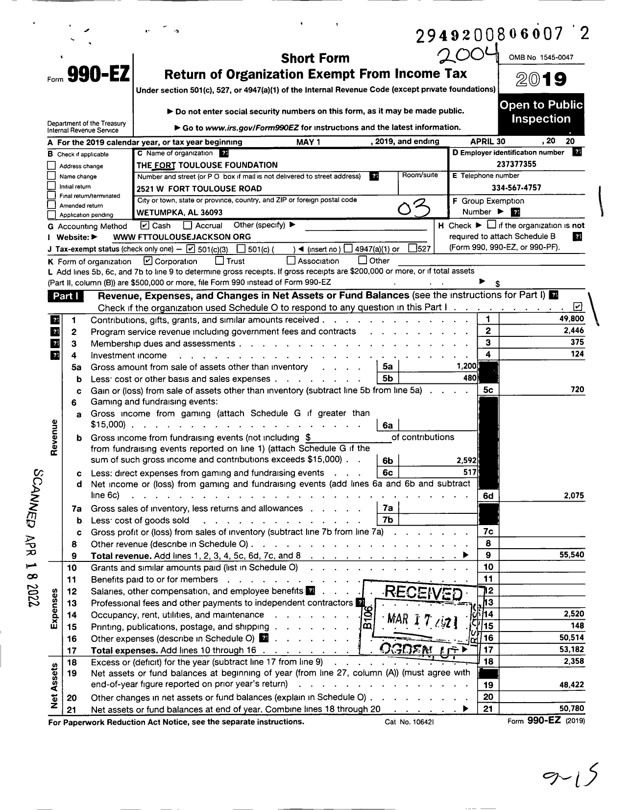 Image of first page of 2019 Form 990EZ for Fort Toulouse Foundation