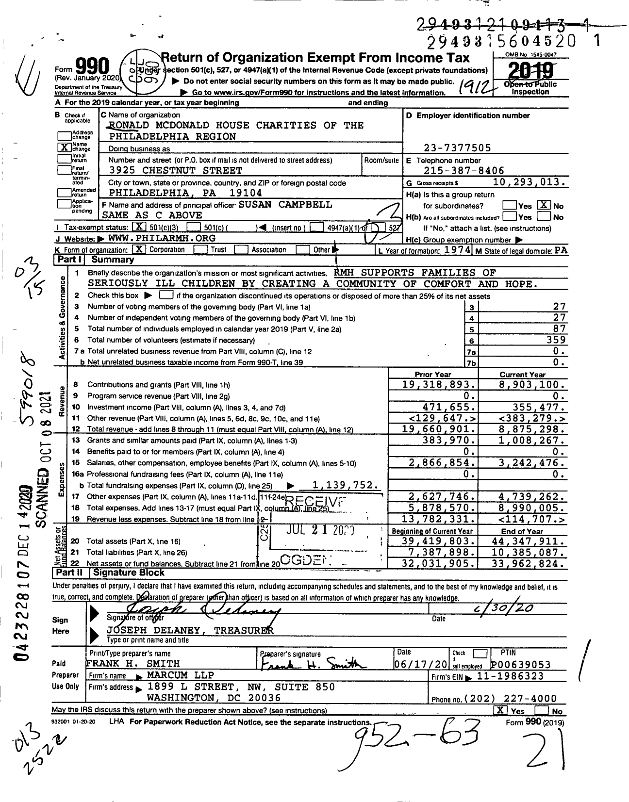 Image of first page of 2019 Form 990 for Ronald Mcdonald House Charities of the Philadelphia Region