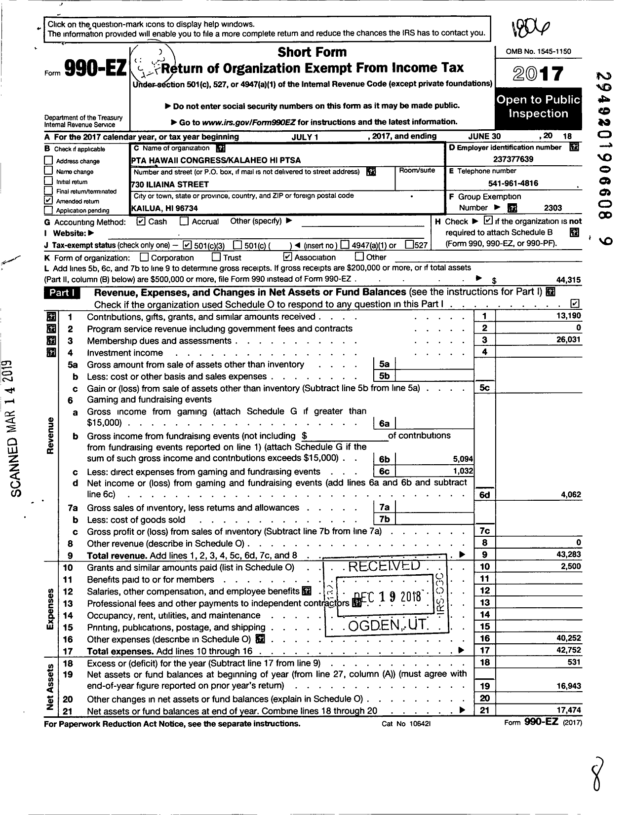 Image of first page of 2017 Form 990EZ for PTA Hawaii Congress / Kalaheo Hi Ptsa