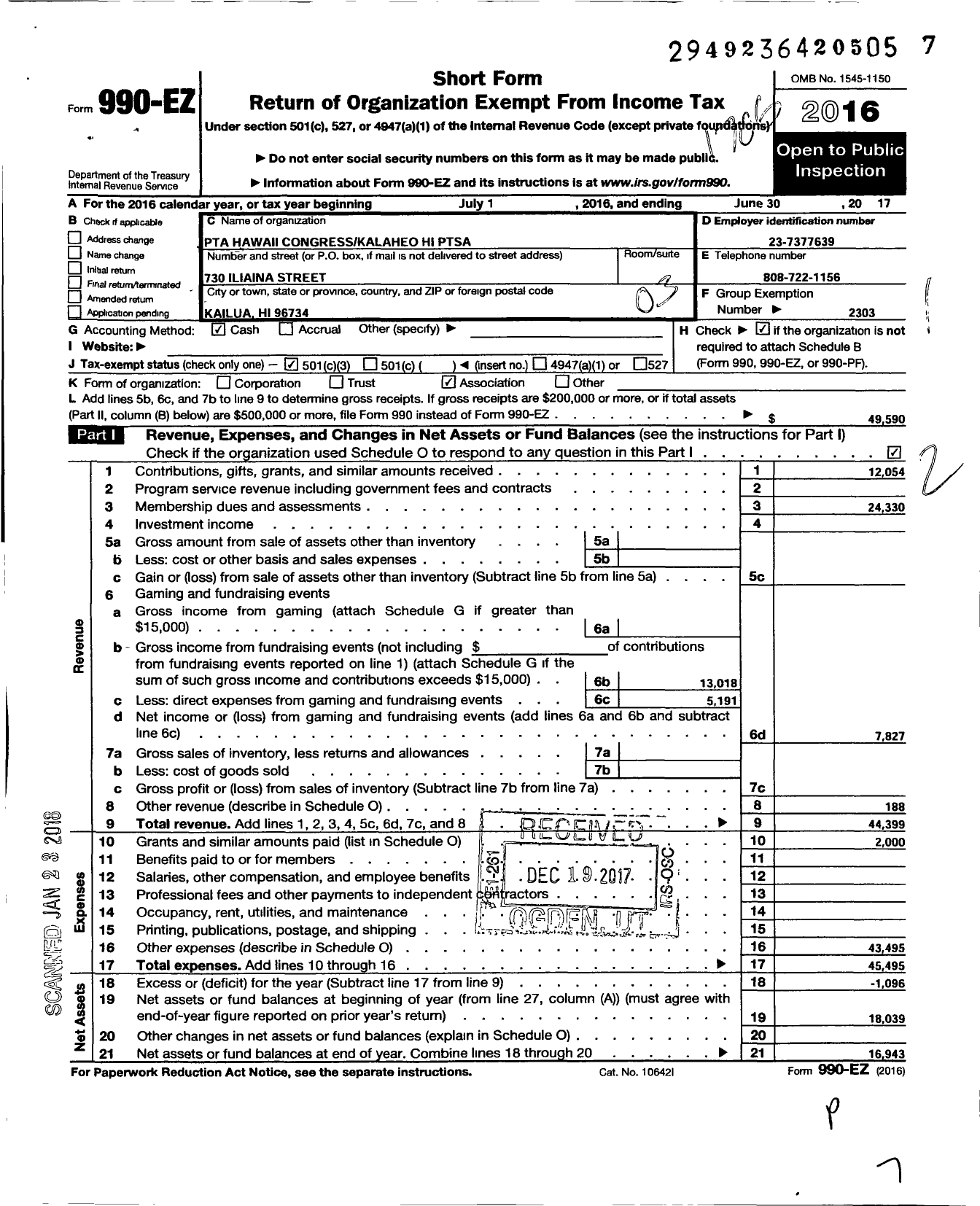 Image of first page of 2016 Form 990EZ for PTA Hawaii Congress / Kalaheo Hi Ptsa