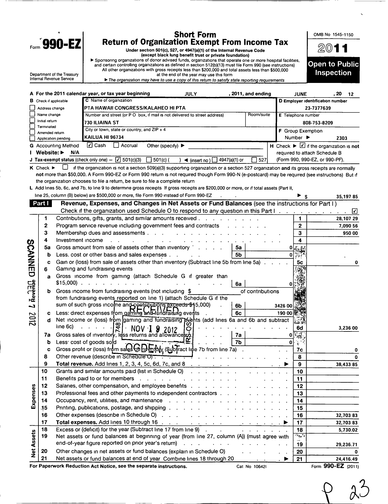 Image of first page of 2011 Form 990EZ for PTA Hawaii Congress / Kalaheo Hi Ptsa