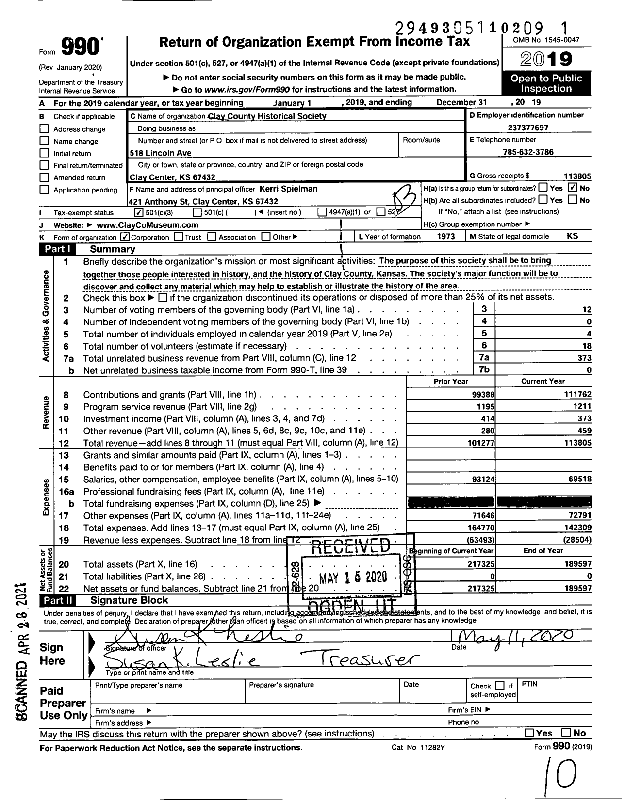 Image of first page of 2019 Form 990 for Clay County Historical Society