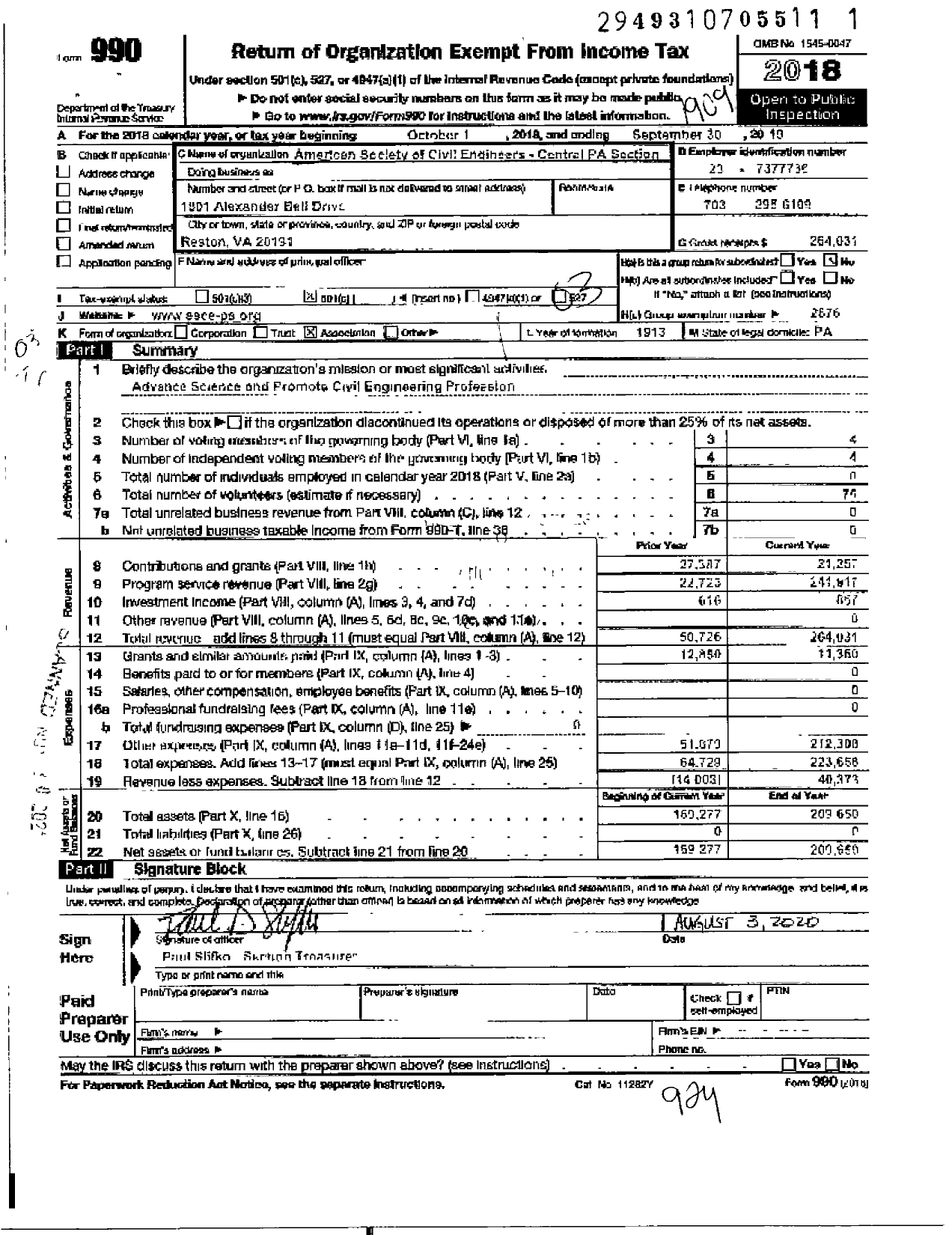 Image of first page of 2018 Form 990 for AMERICAN SOCIETY OF CIVIL ENGINEERS Central Pennsylvania Section