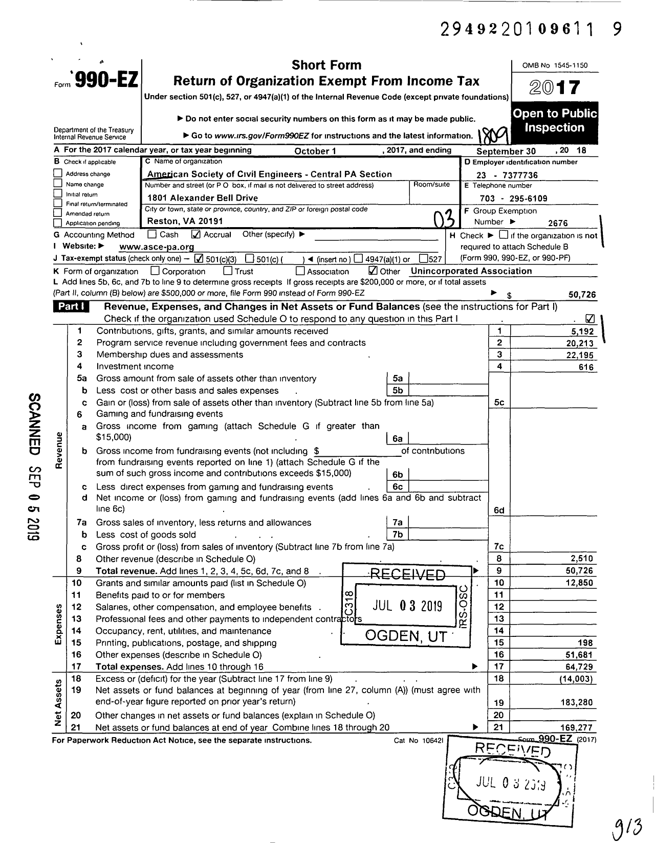 Image of first page of 2017 Form 990EZ for AMERICAN SOCIETY OF CIVIL ENGINEERS Central Pennsylvania Section