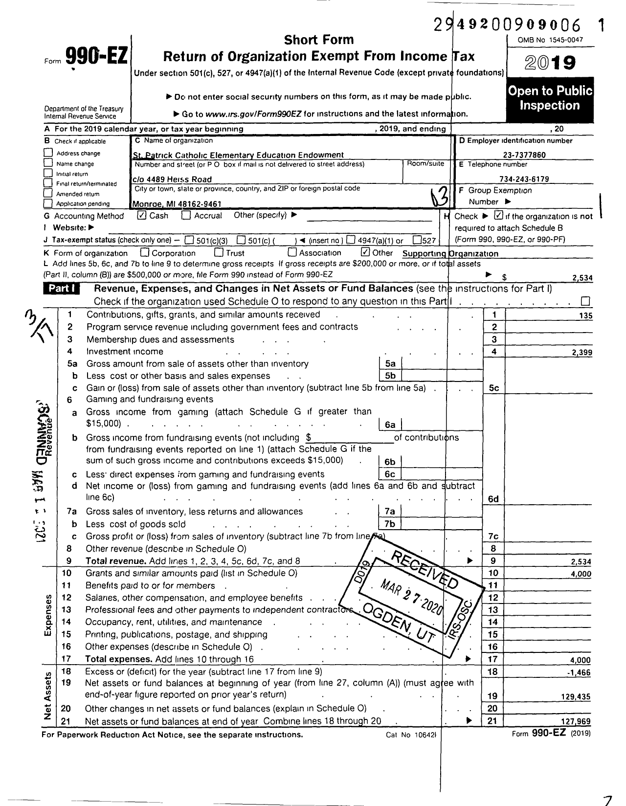 Image of first page of 2019 Form 990EZ for St Patrick Catholic Education Endowment Trust Fund