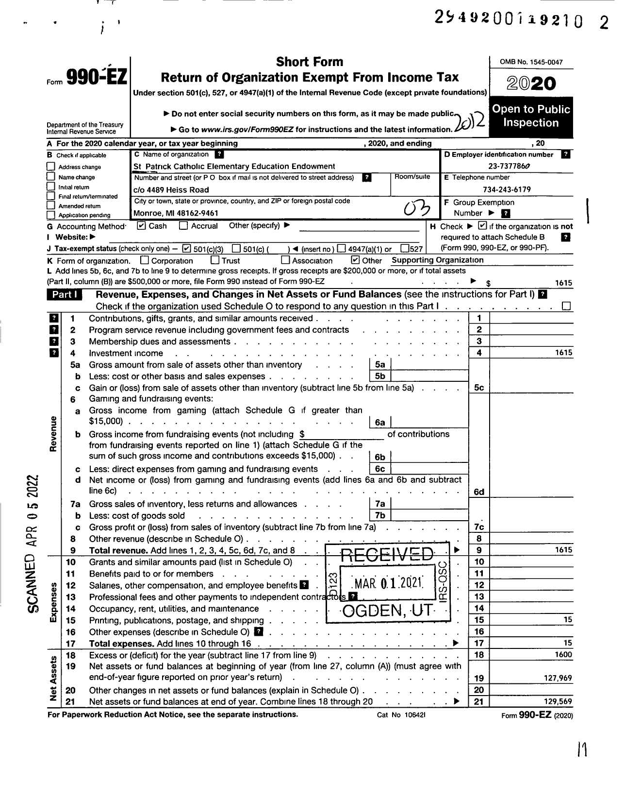 Image of first page of 2020 Form 990EZ for St Patrick Catholic Education Endowment Trust Fund