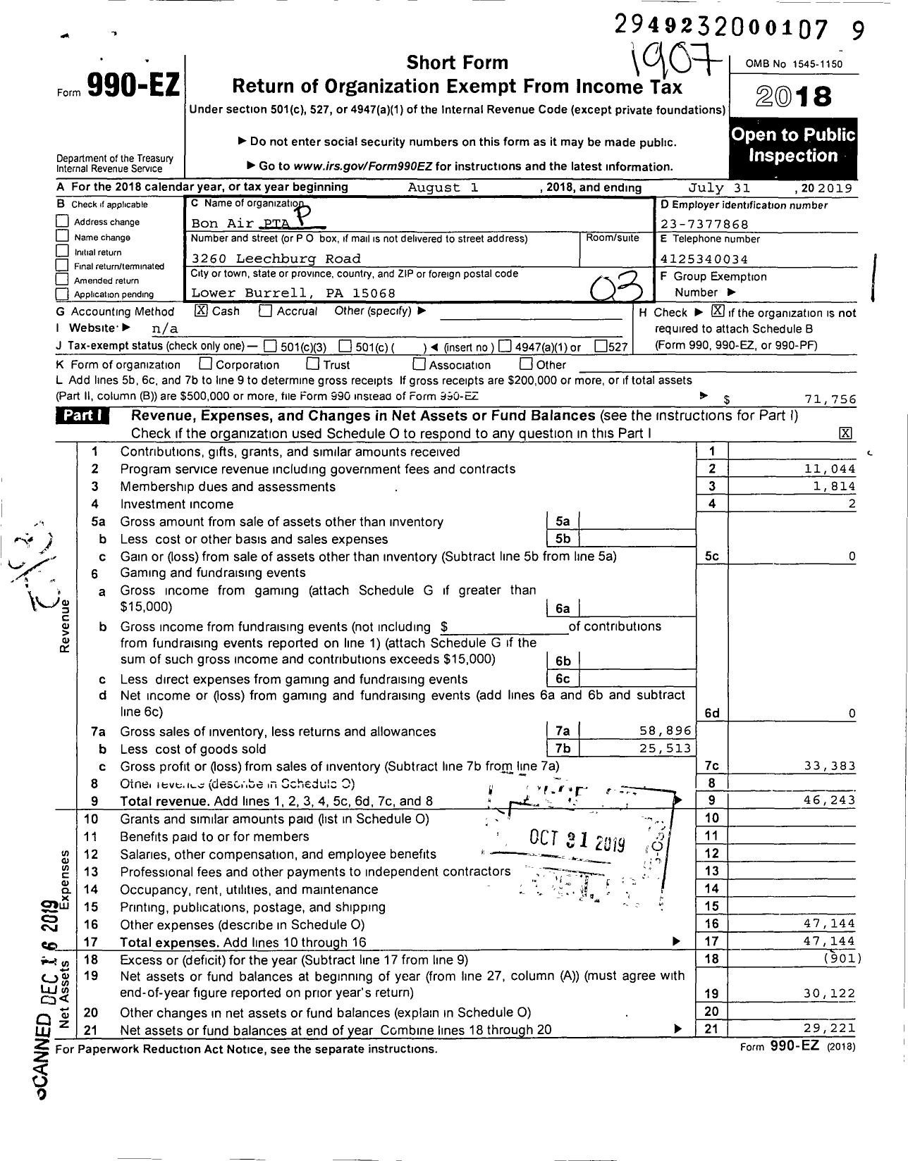 Image of first page of 2018 Form 990EZ for PTA Pennsylvania Congress / Bon Air PTA Inc