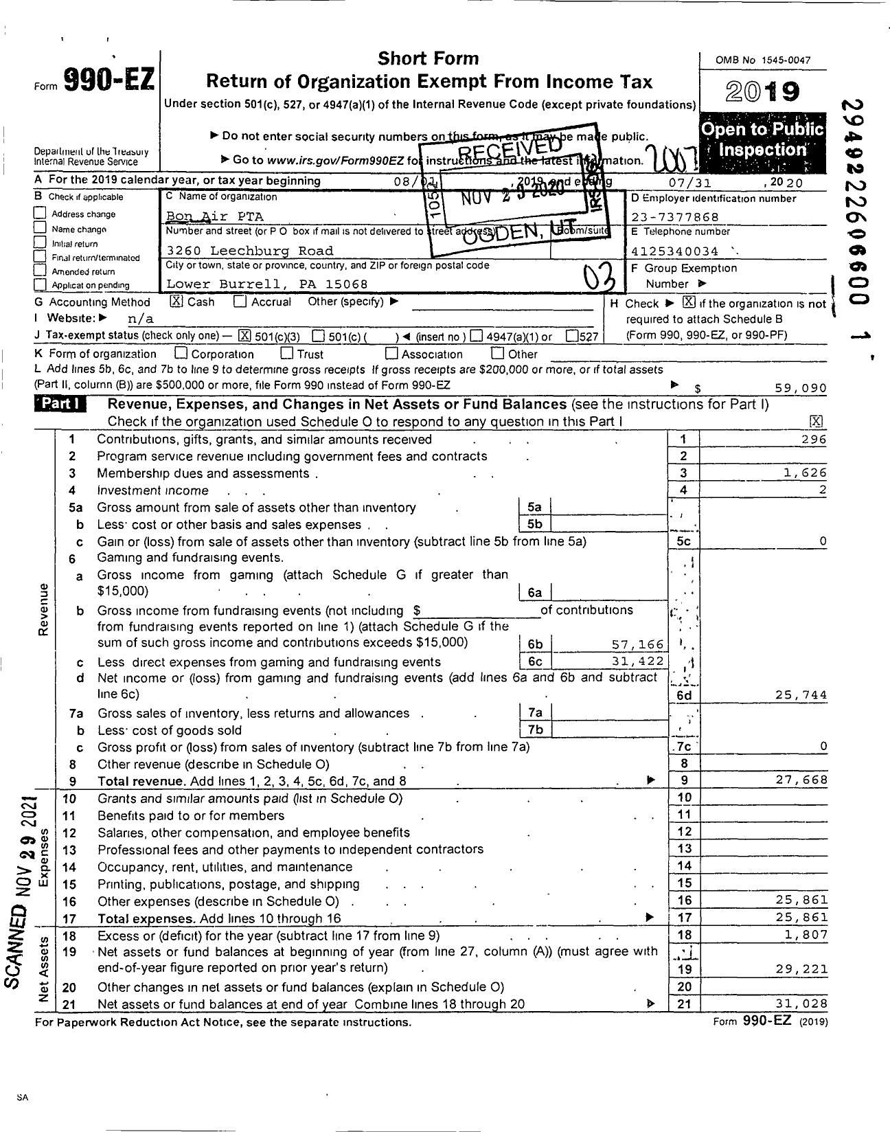 Image of first page of 2019 Form 990EZ for PTA Pennsylvania Congress / Bon Air PTA Inc