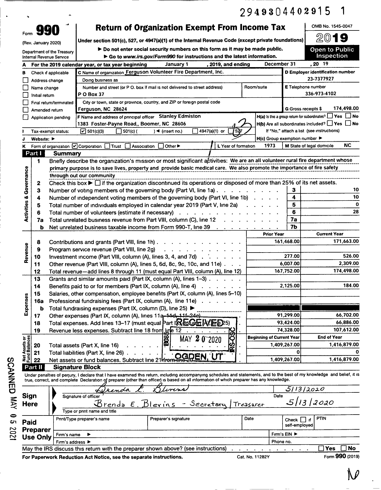 Image of first page of 2019 Form 990 for Ferguson Volunteer Fire Department