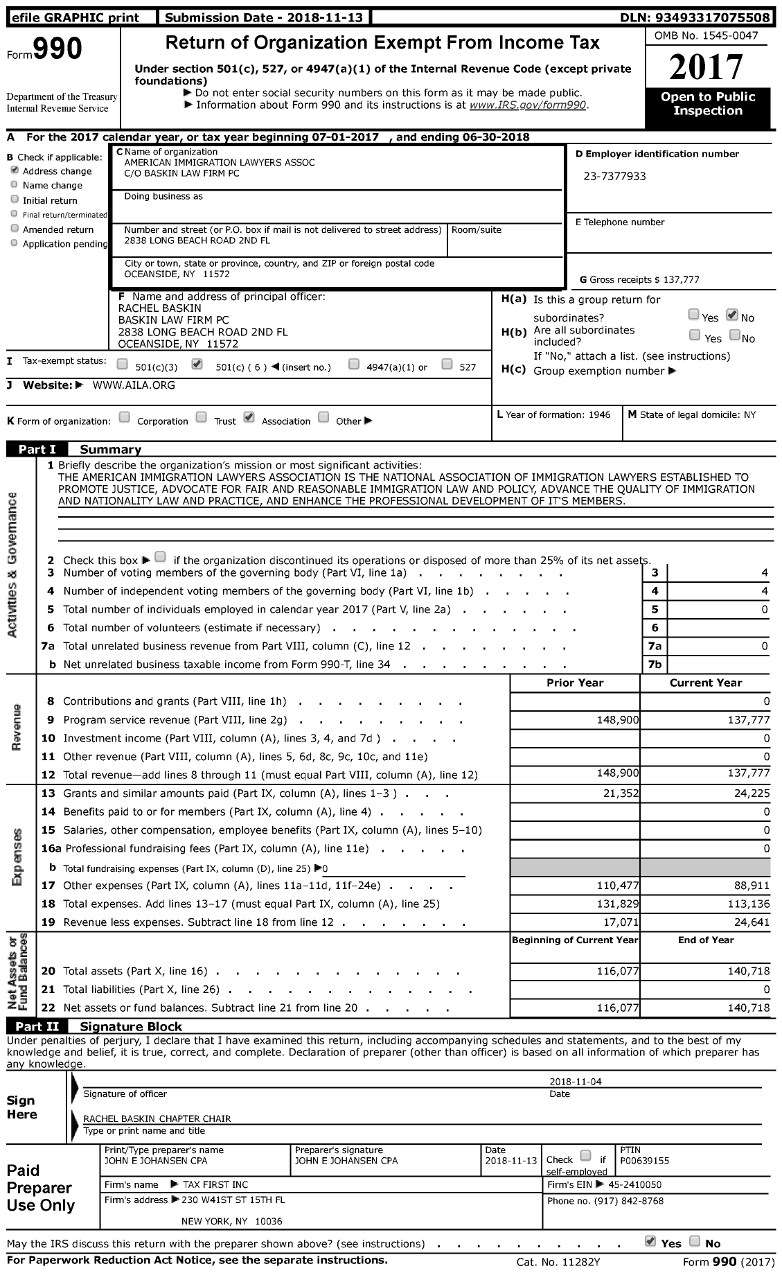 Image of first page of 2017 Form 990 for American Immigration Lawyers Association / New York Chapter